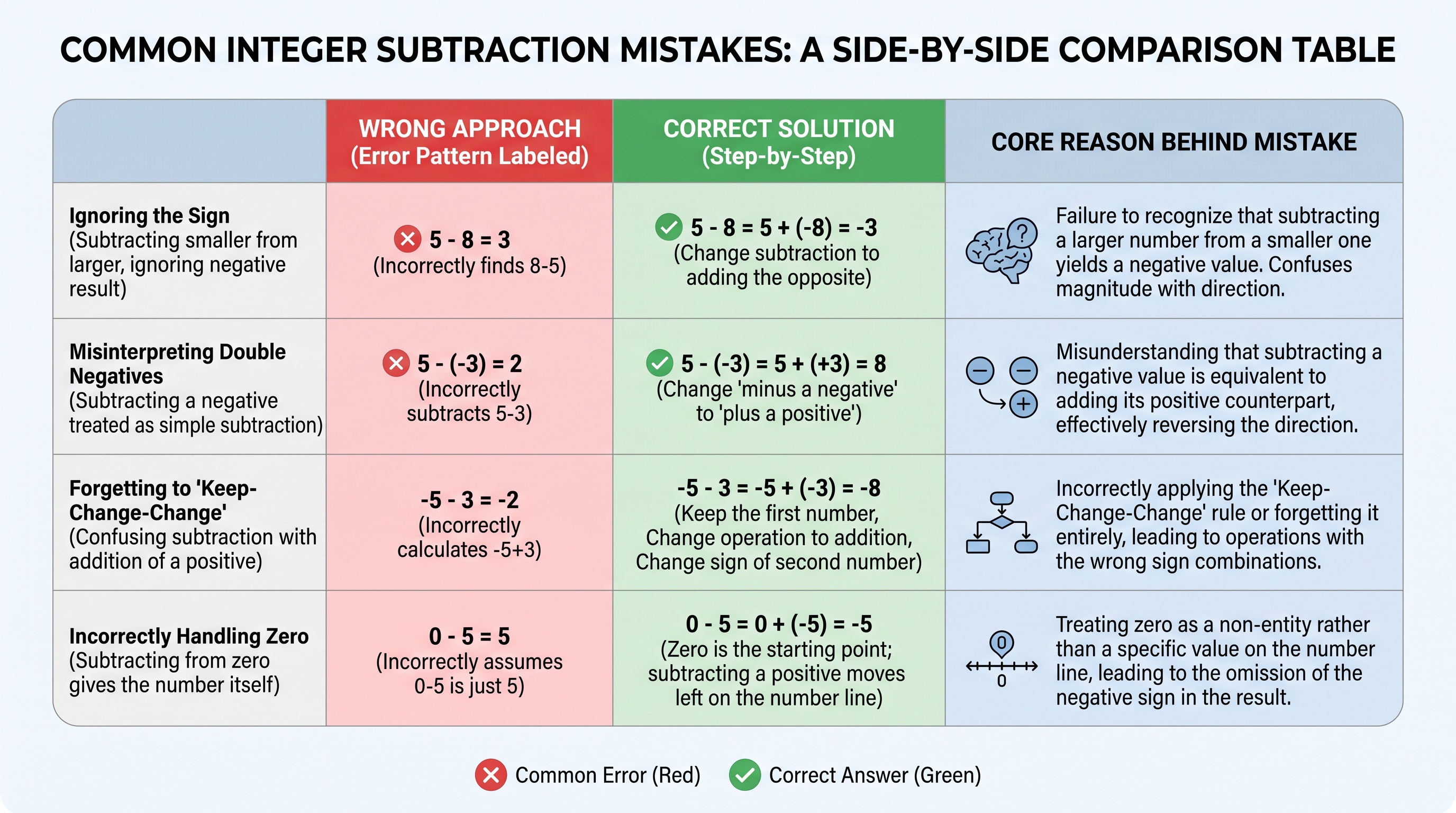 Comparison chart showing five common integer subtraction errors, their correct solutions, and root causes.
