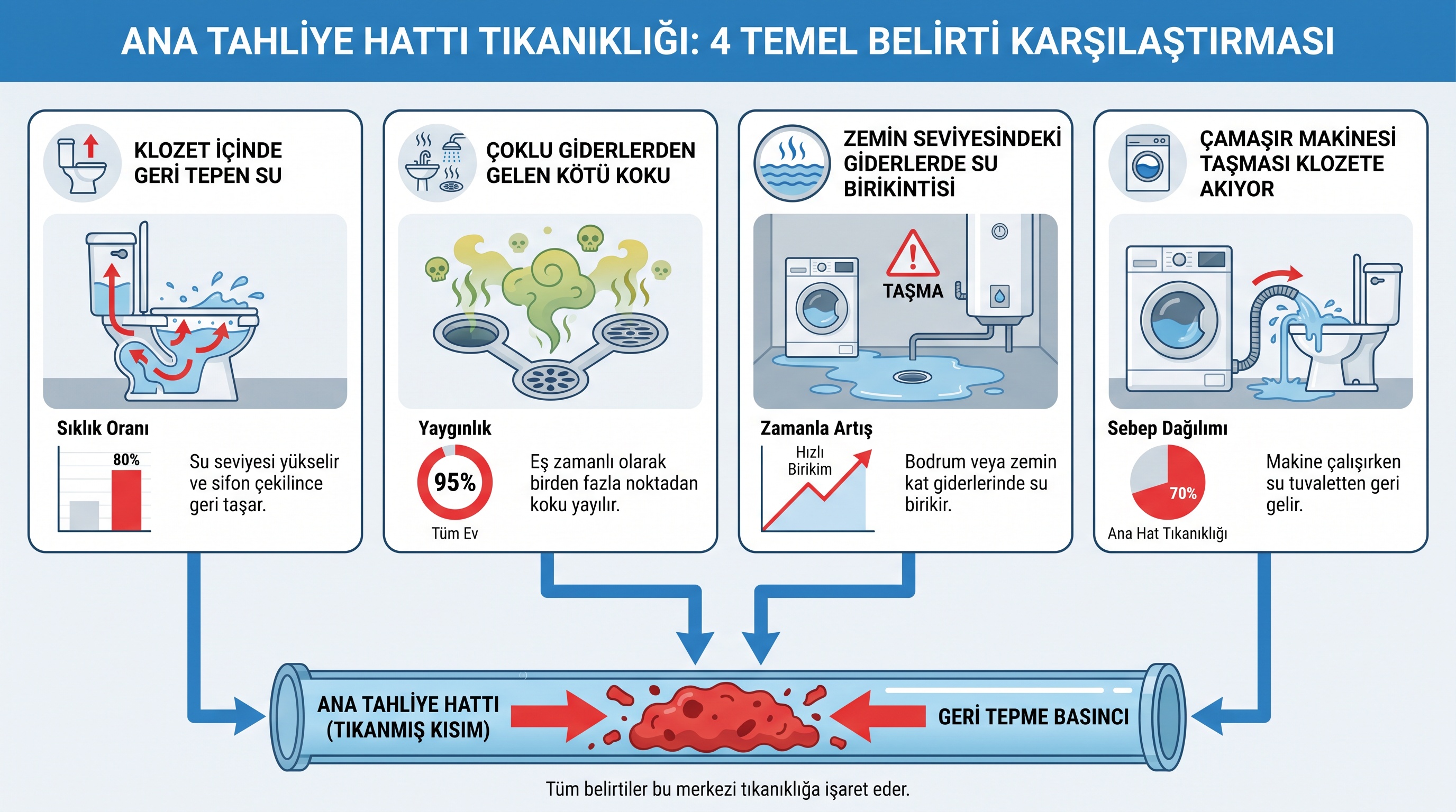 Pimaş tıkanıklığının dört ana belirtisinin karşılaştırması ve ana boru bağlantısı.