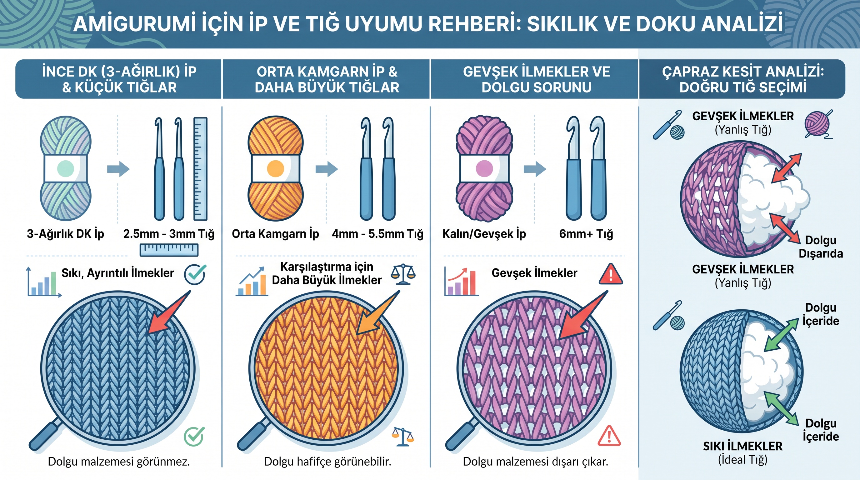 Amigurumi için doğru iplik ve tığ numarasının seçiminin sıklık ve dolgu görünürlüğüne olan etkisini gösterir