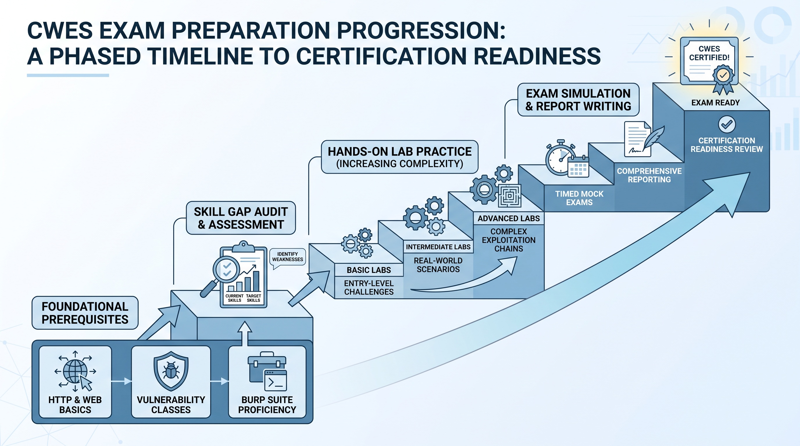 Four-phase CWES study progression from foundational skills through hands-on labs, mock exams, and professional report…