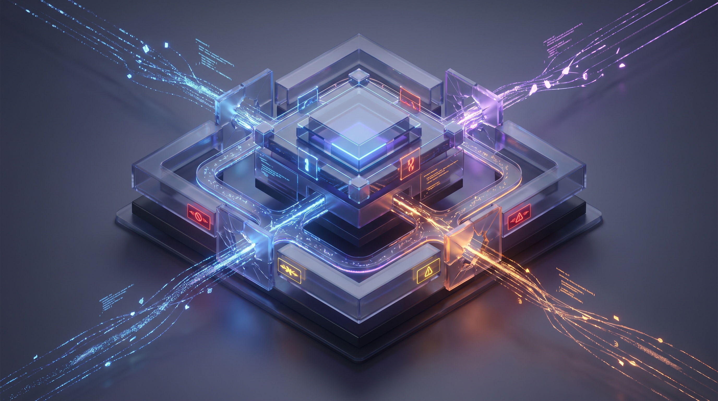 Multi-layered digital security structure with interconnected vulnerability nodes and exploitation pathways visualized…