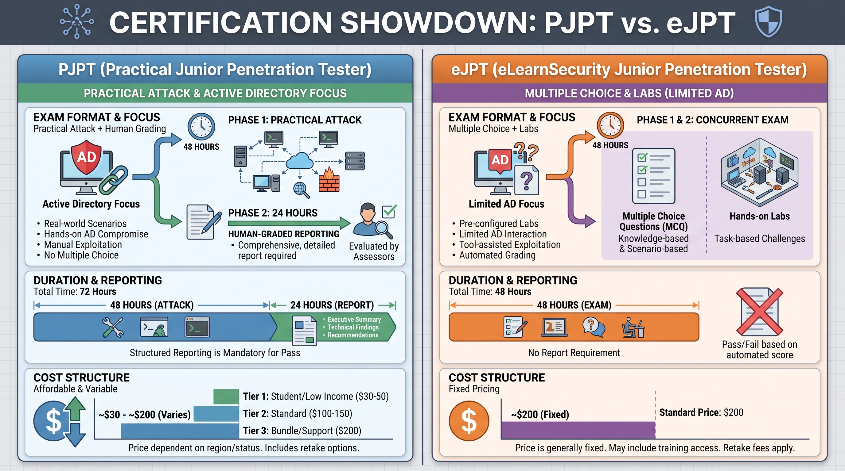 Comparison table showing PJPT versus eJPT exam format, duration, pricing, and Active Directory coverage differences.