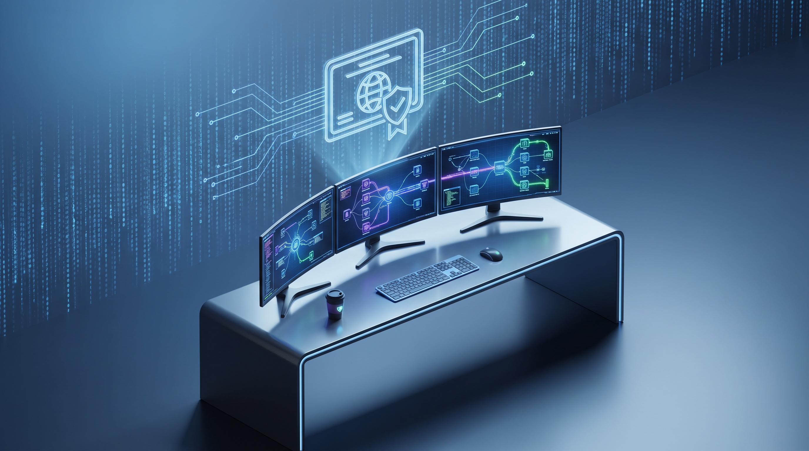 Cybersecurity workstation displaying interconnected network nodes representing penetration testing assessment…