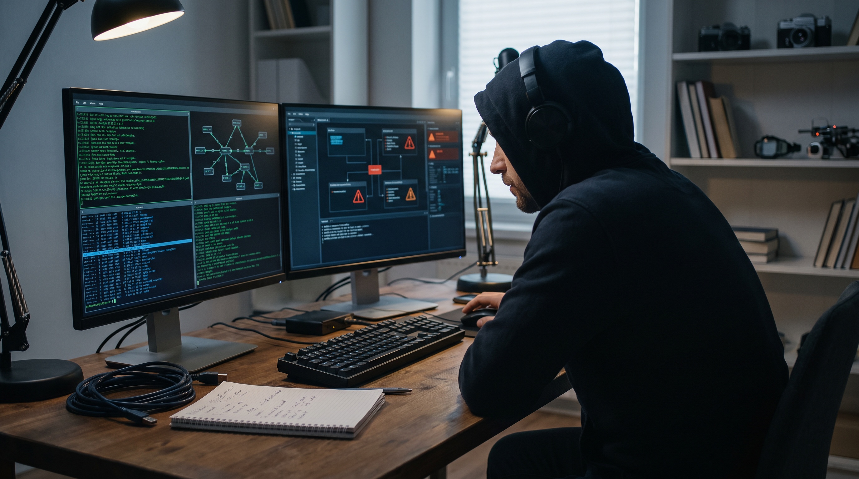 A penetration tester at a workstation analyzing network vulnerabilities and code on dual monitors
