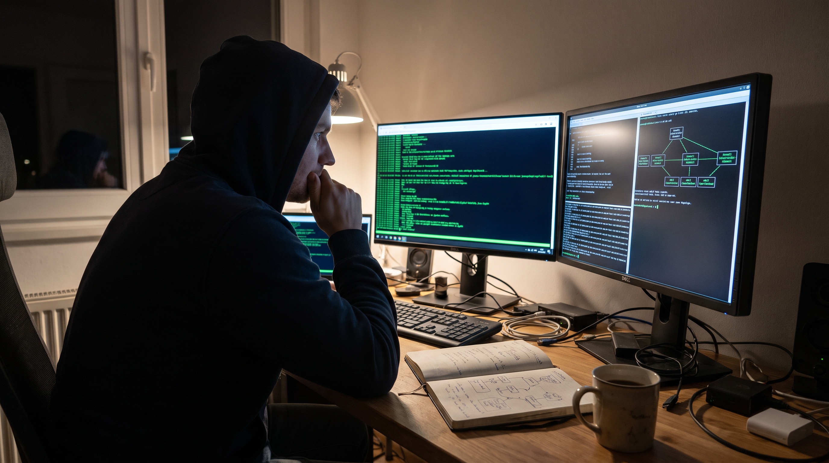 Penetration tester working at computer terminal with exploit code and network enumeration visible on monitors