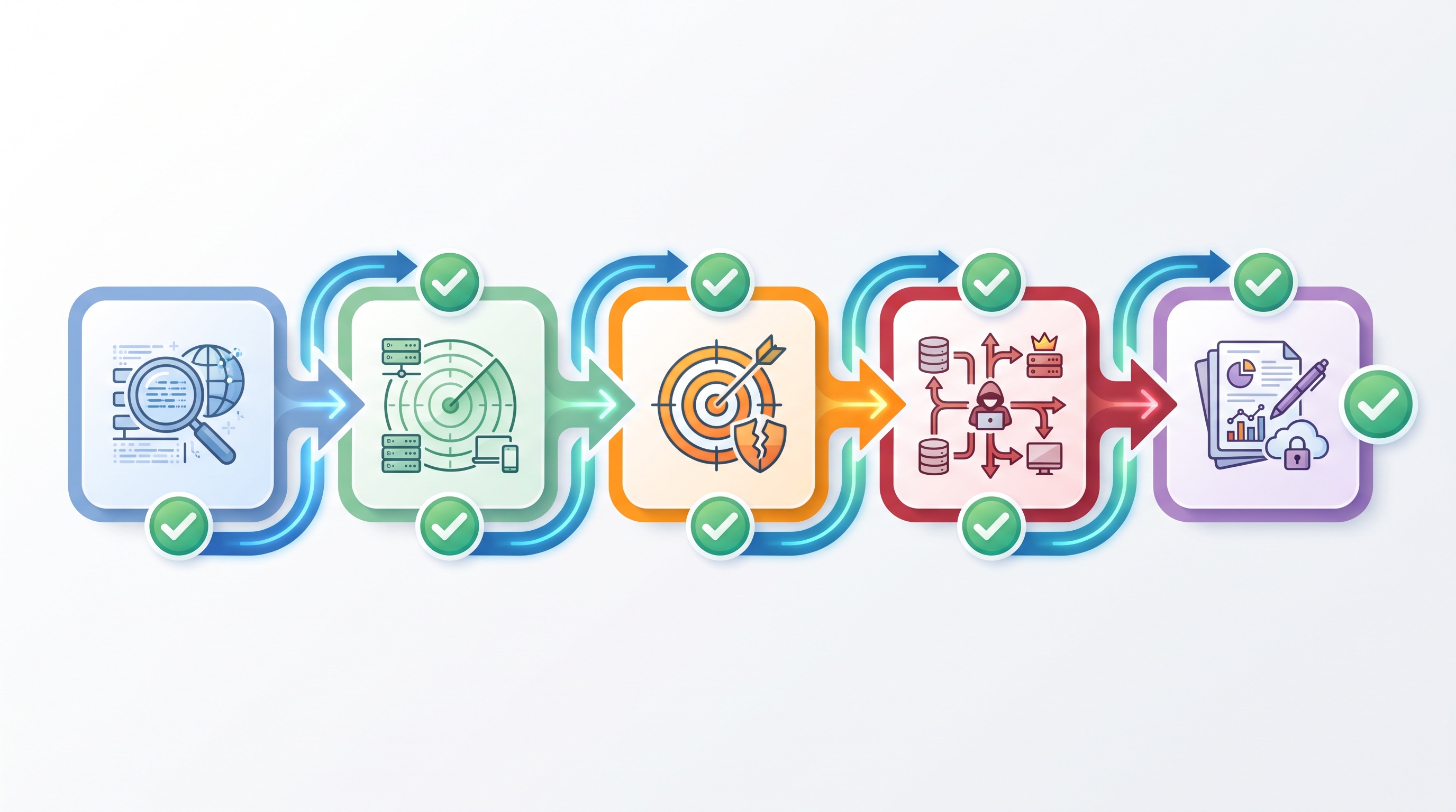 Five-phase network penetration testing workflow from reconnaissance through final reporting, displayed as a structured…