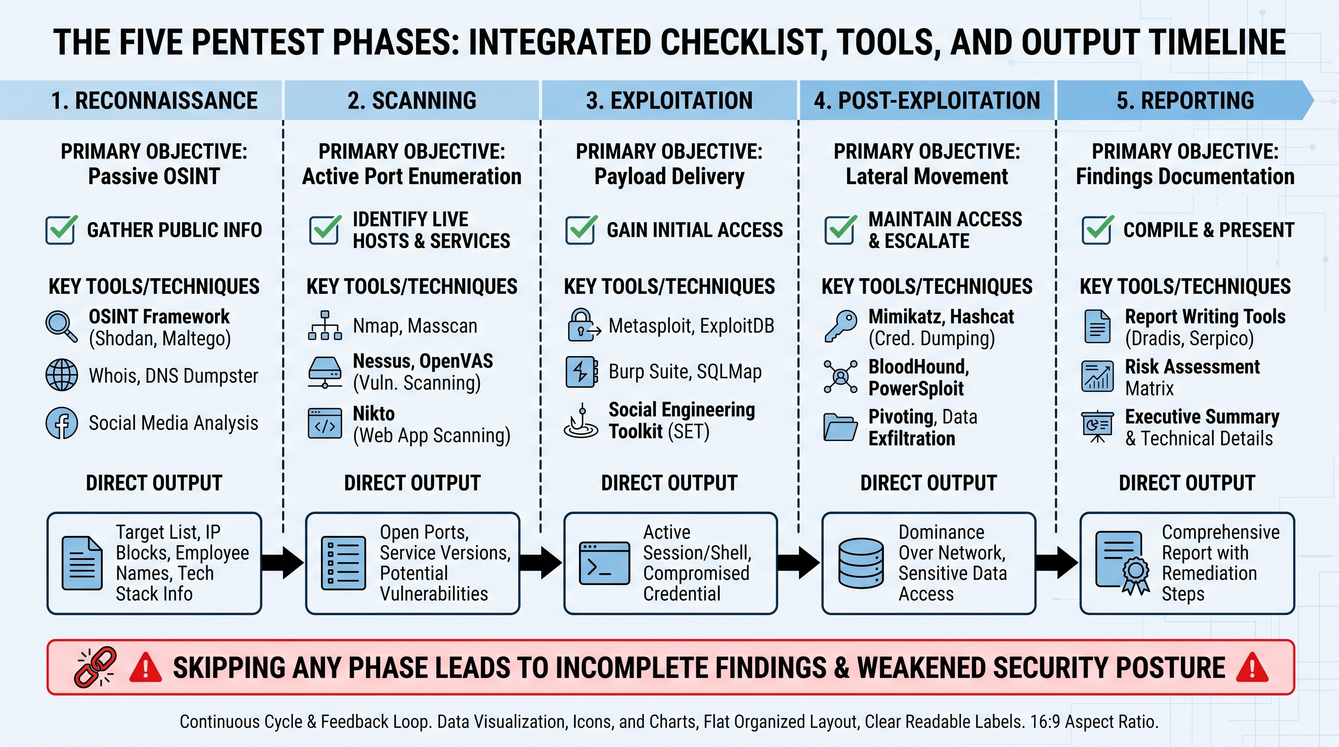 Detailed breakdown of the five pentest phases, their objectives, key activities, and how each phase's output drives…