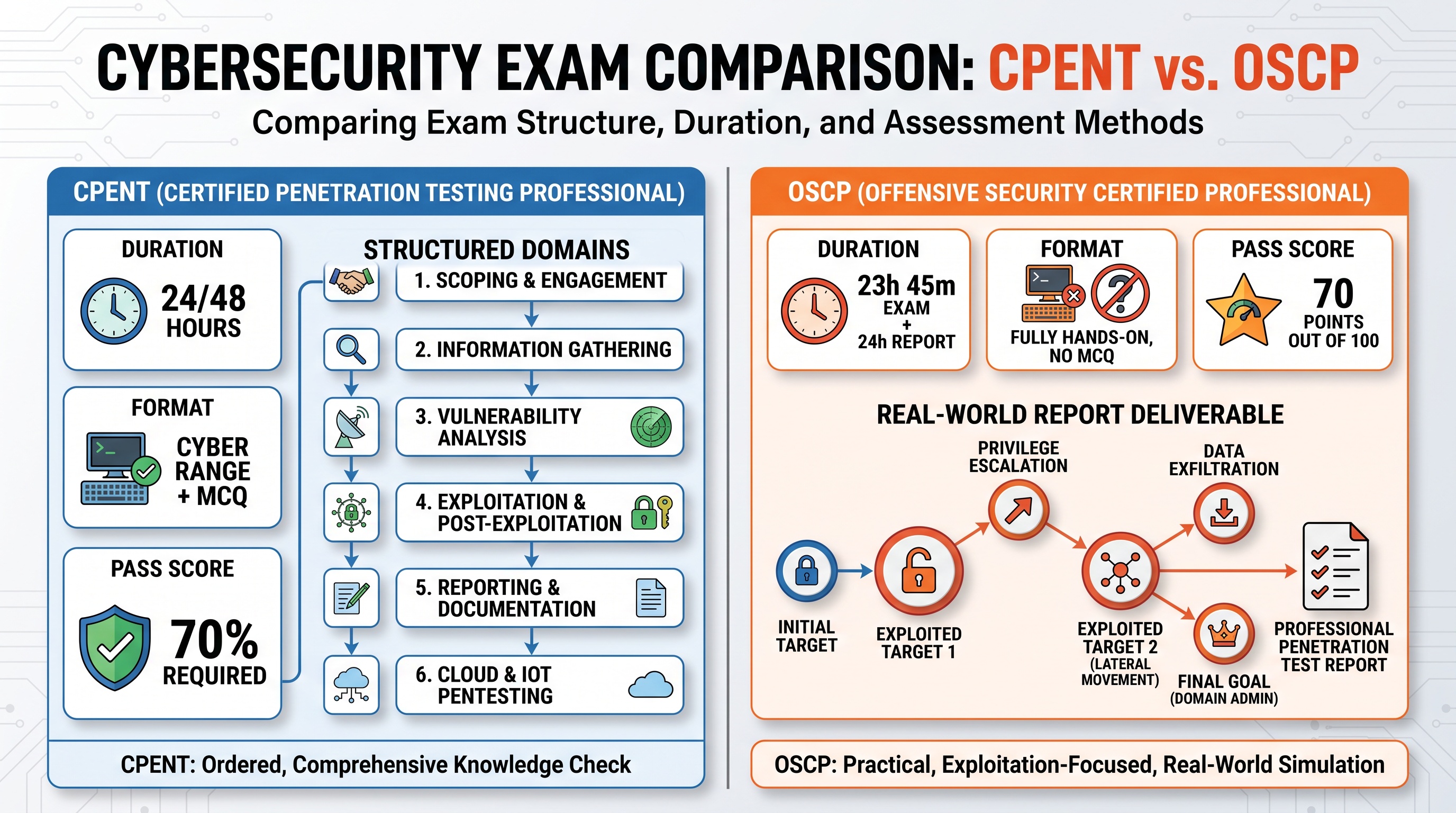 Structured comparison of CPENT and OSCP exam duration, format, passing criteria, and key deliverables.