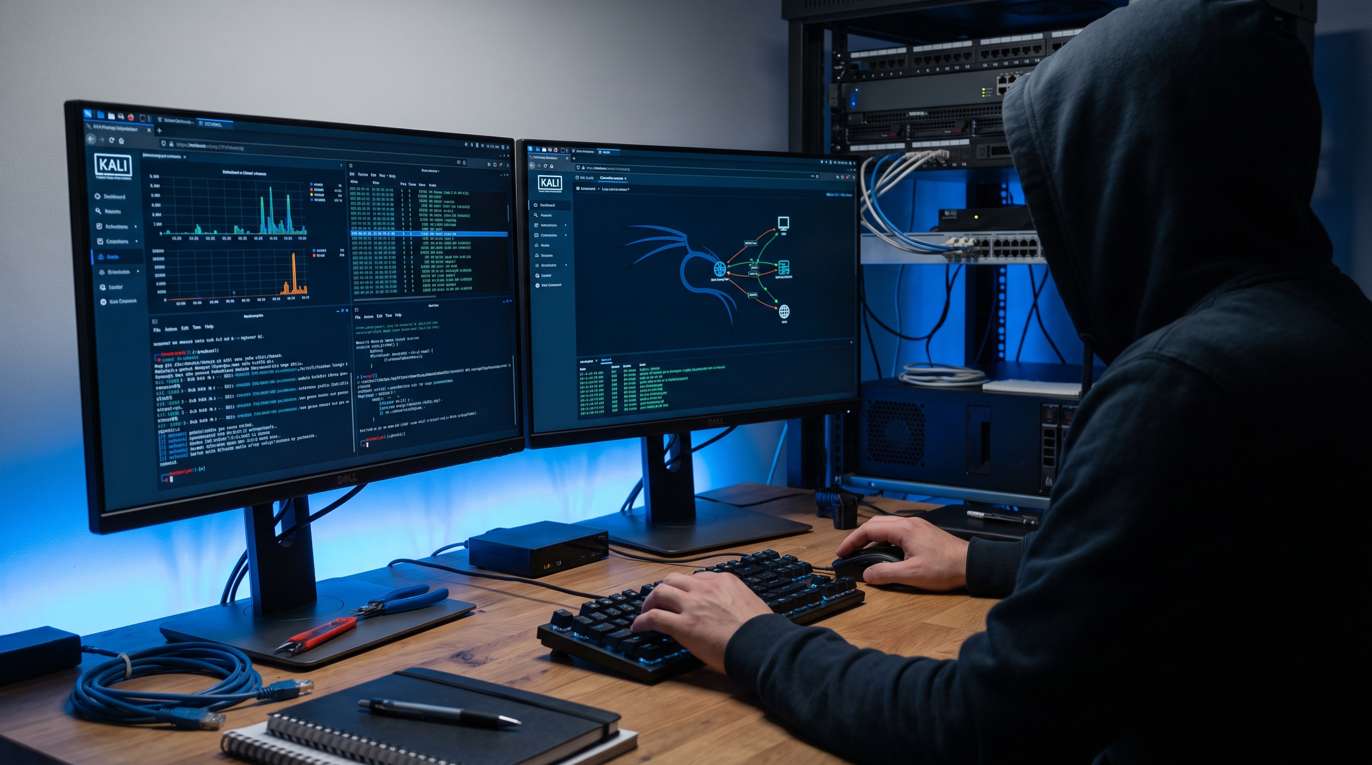 Penetration tester at workstation with wireless network analysis tools displayed on monitors in Kali Linux environment.
