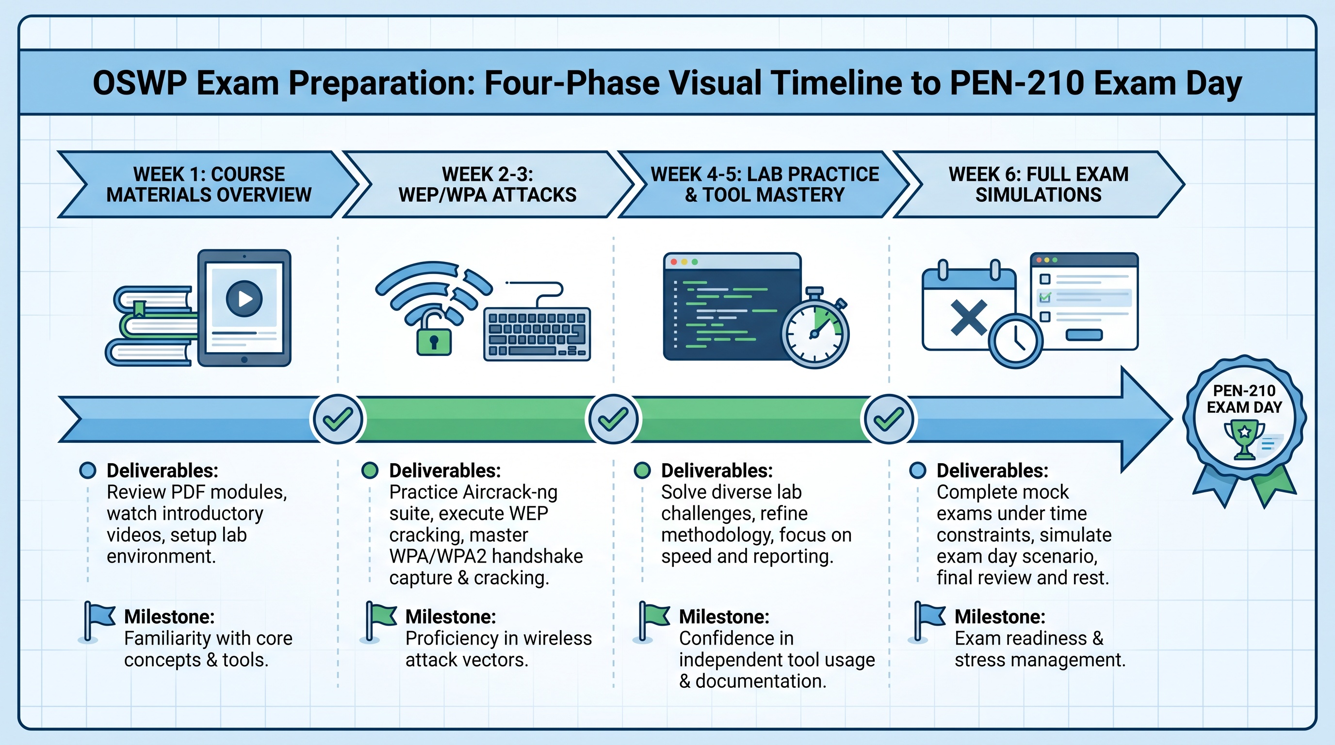 OSWP certification four-to-six week preparation timeline with phased study milestones from course review to exam…