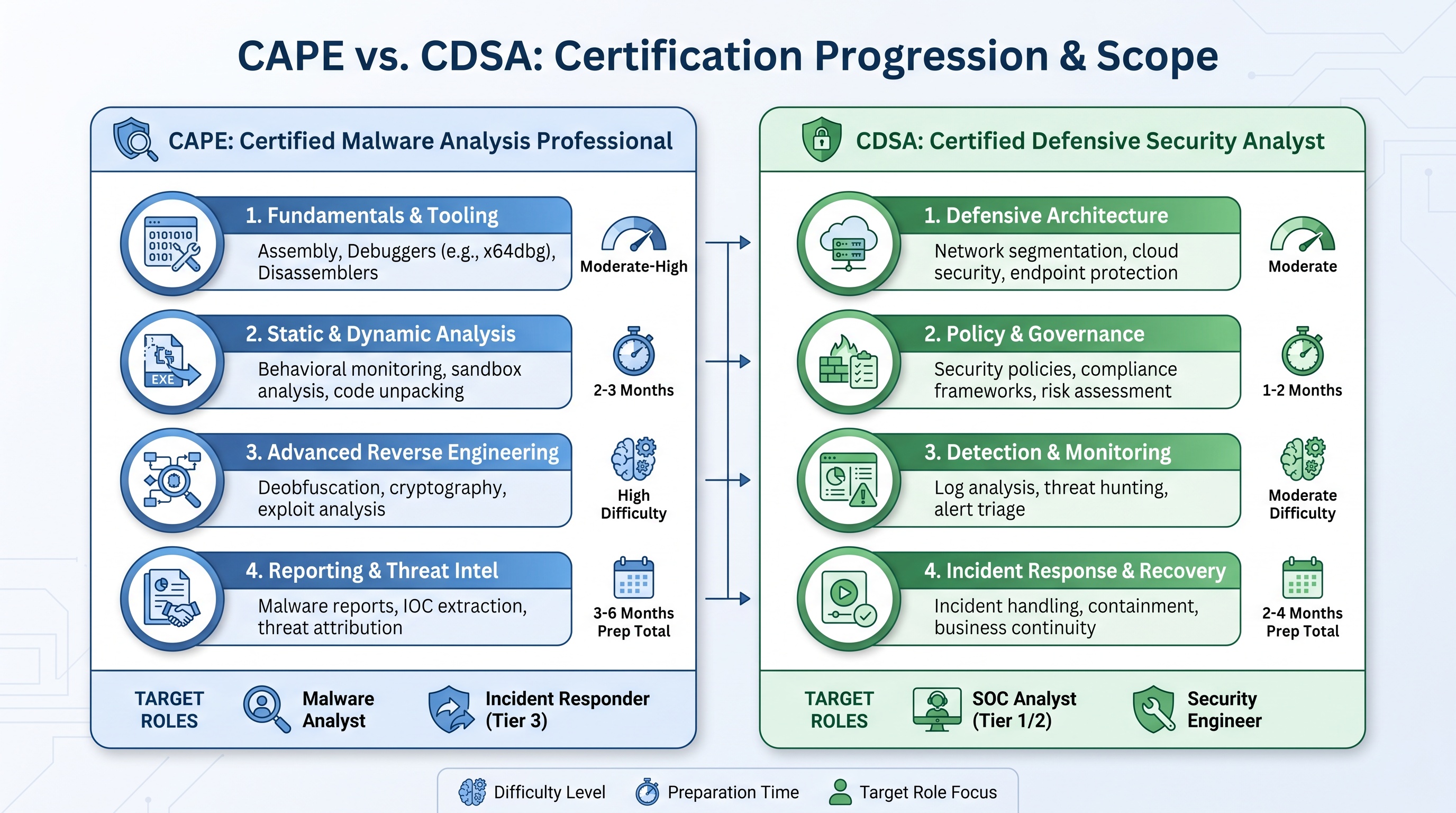 Comparison of CAPE and CDSA certification paths, exam focus areas, preparation timelines, and target security roles.