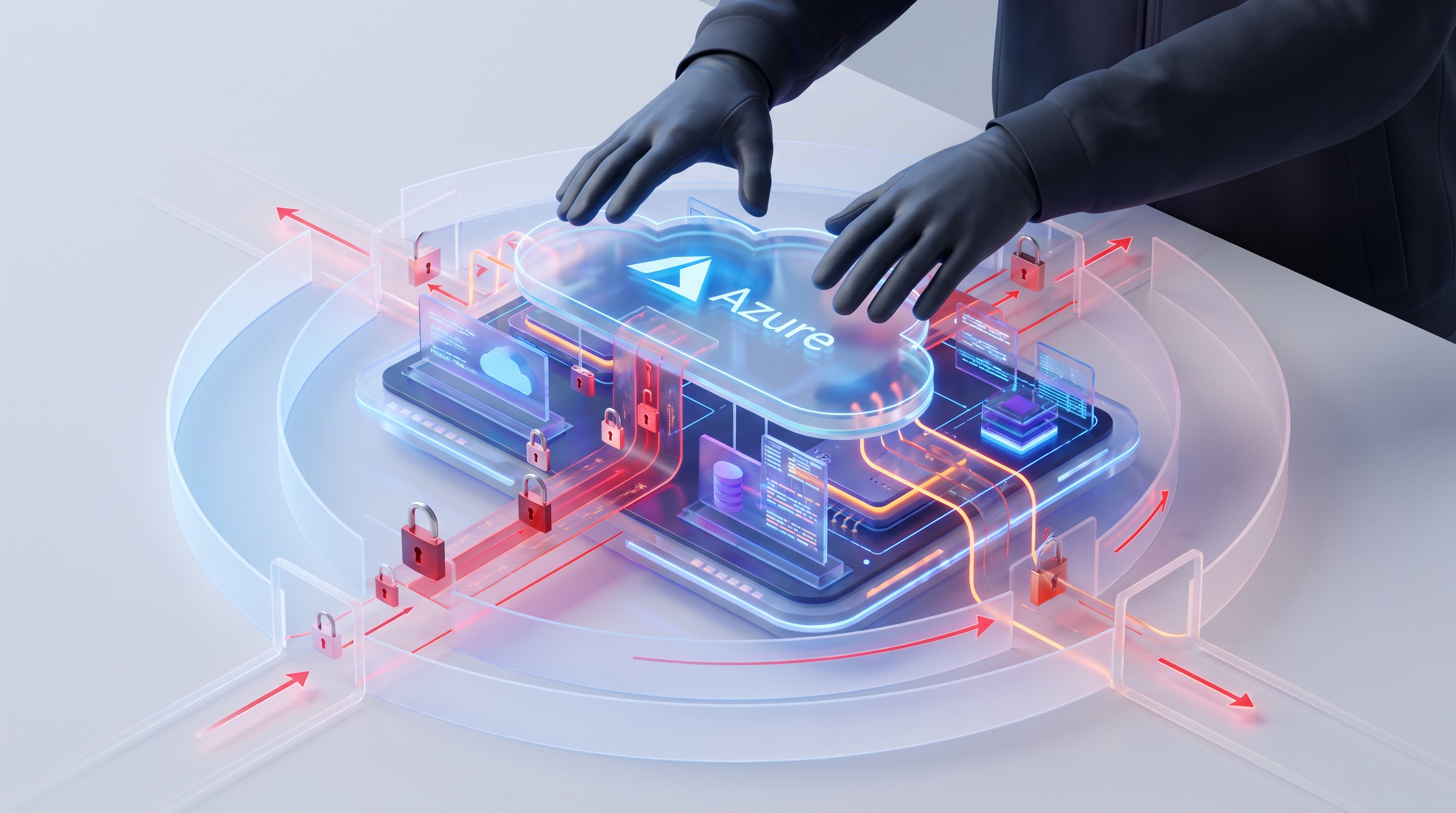 Red team professional exploiting Azure cloud infrastructure with cascading attack pathways and security barriers.