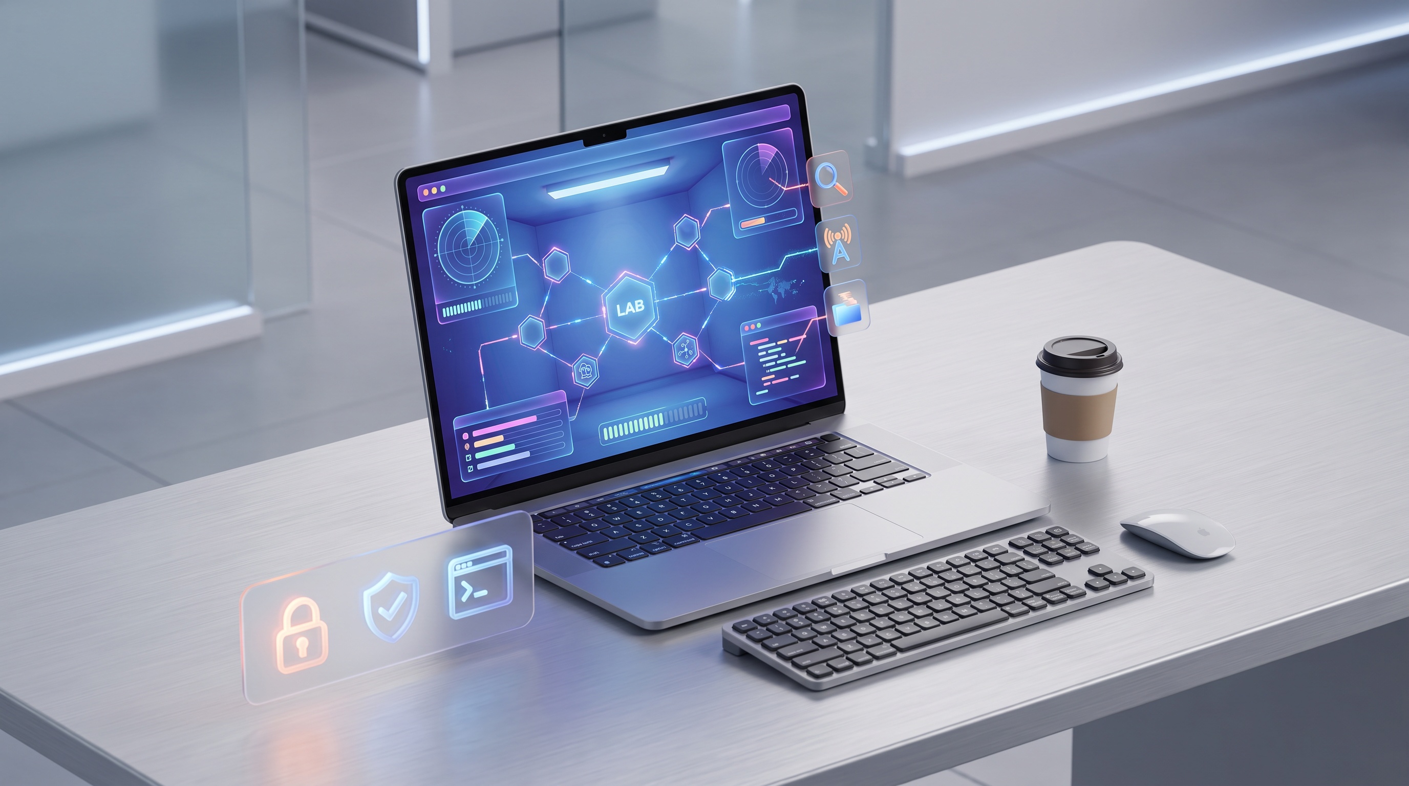 Laptop displaying a virtual penetration testing lab with network systems and security scanning tools in action.