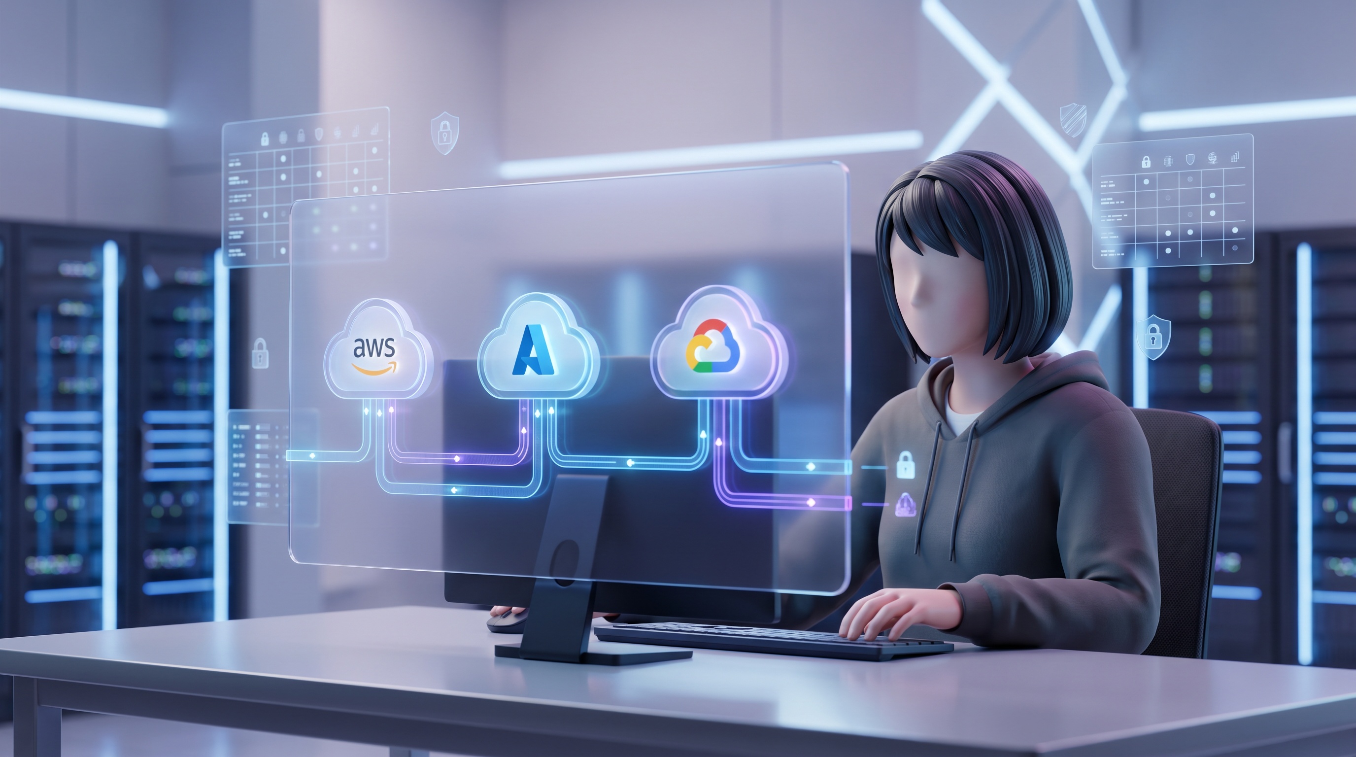 Cloud security professional working with AWS, Azure, and GCP dashboards in a modern lab environment.