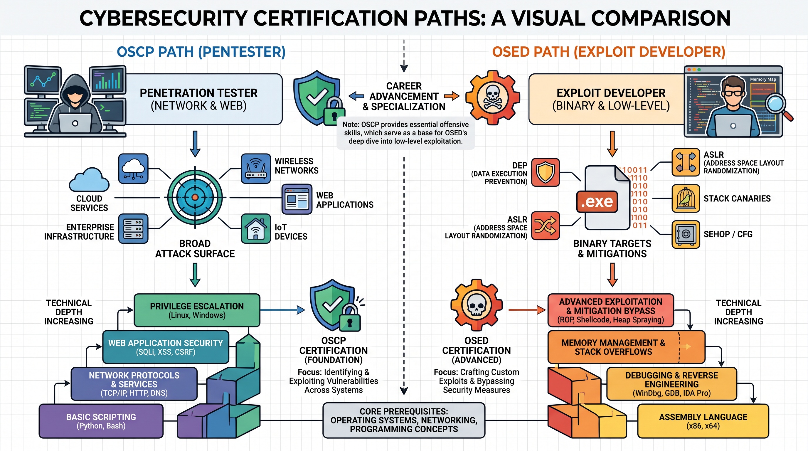 Side-by-side comparison of OSCP and OSED career paths showing technical scope and prerequisite progression.