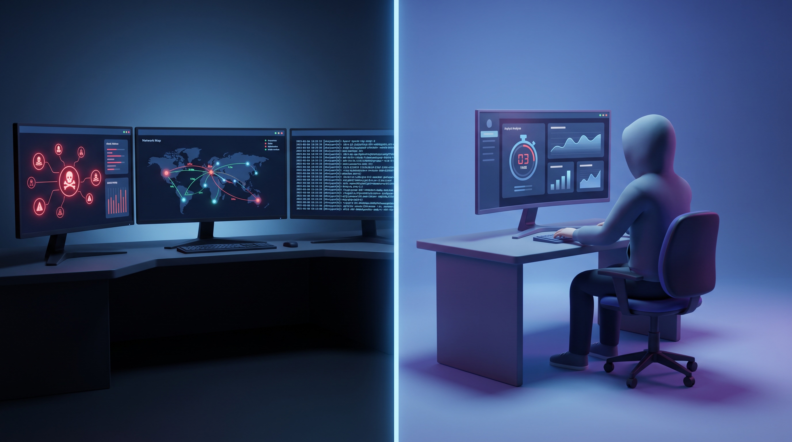 OSDA exam candidate analyzing live attack scenarios on a multi-monitor SOC workstation during the proctored…
