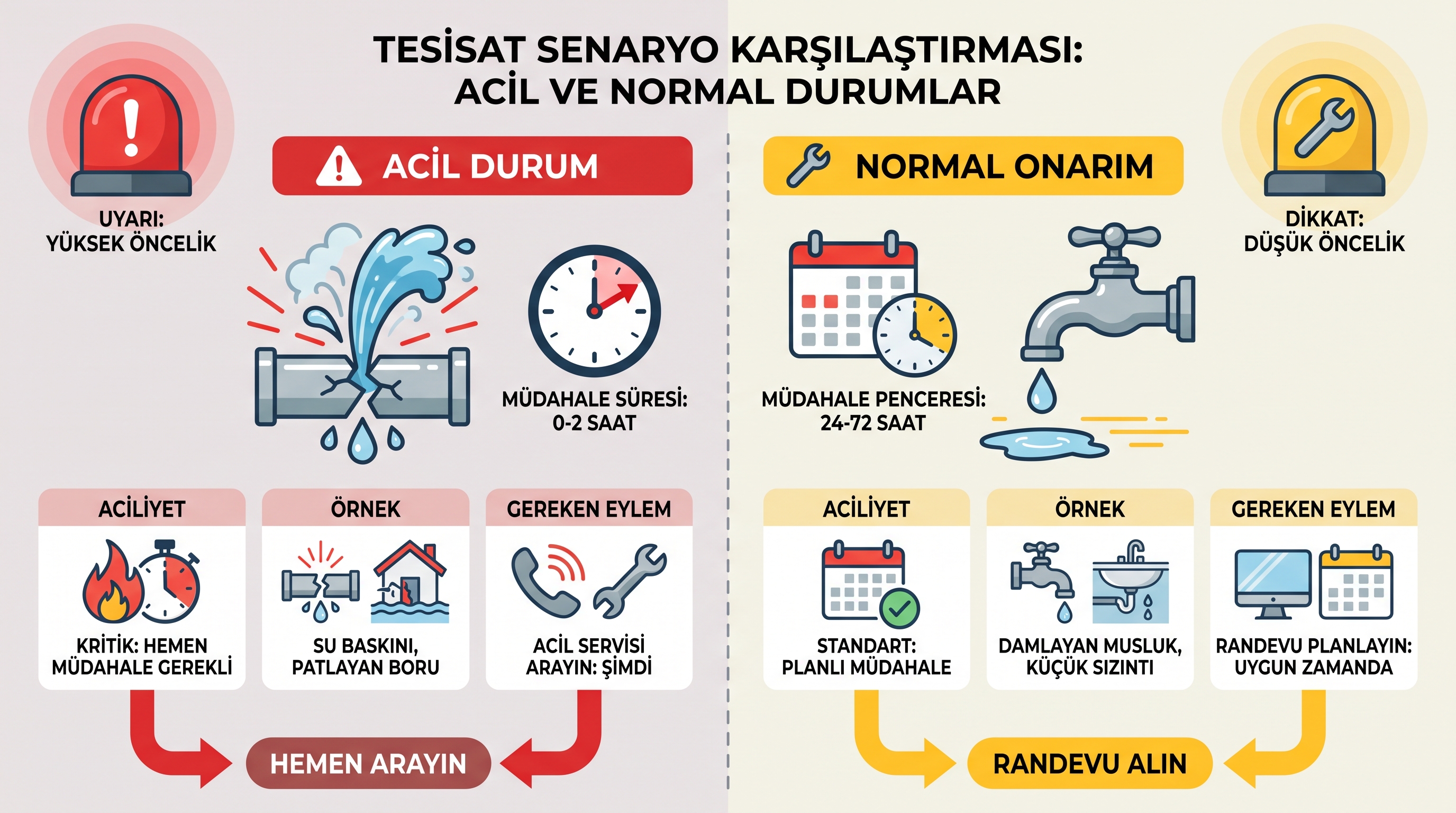 Acil ve normal tesisat arızasının fark ve müdahale süresi karşılaştırması.