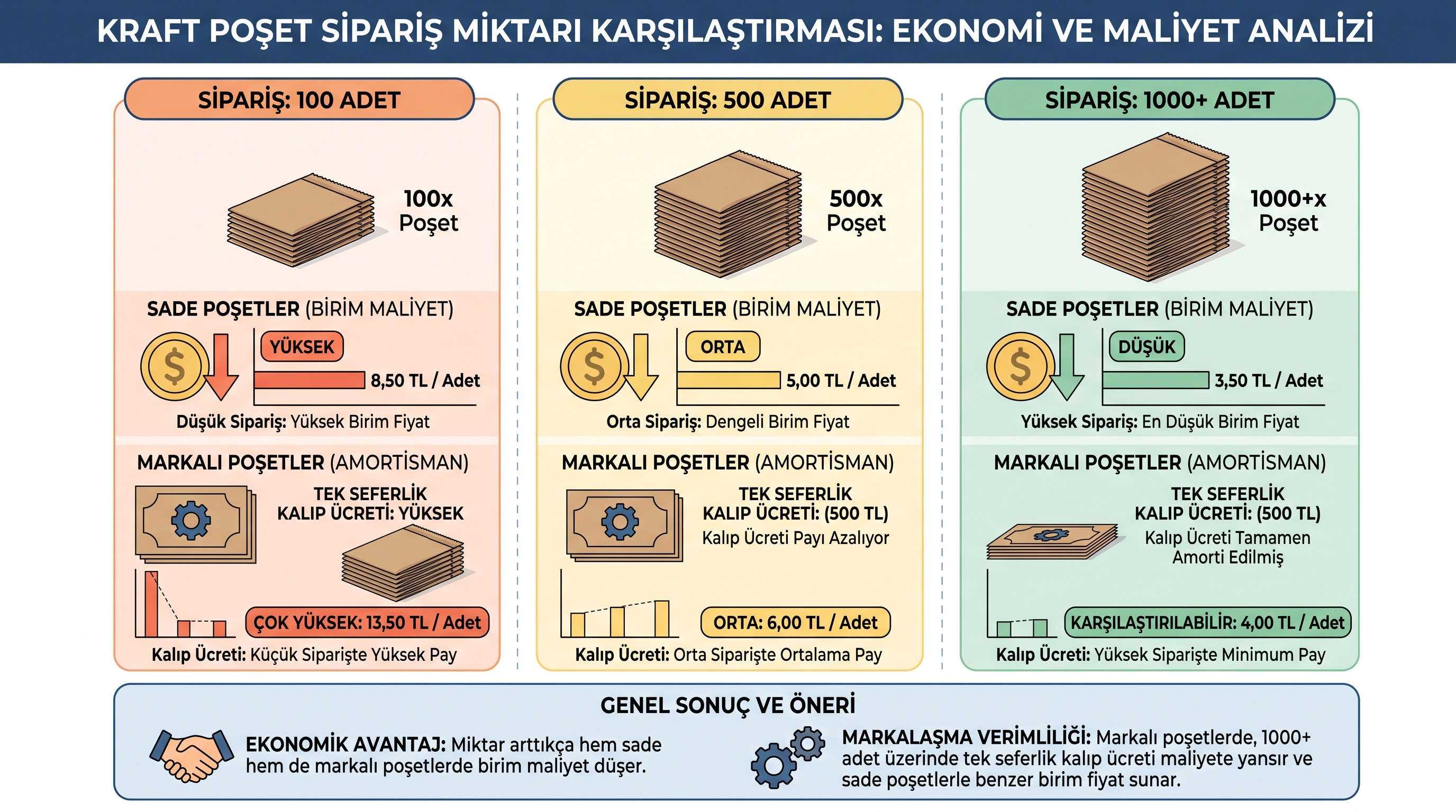 Satın alım miktarına göre sade ve markalı kraft çantaların birim fiyat karşılaştırması üç senariyoda gösterilmektedir.