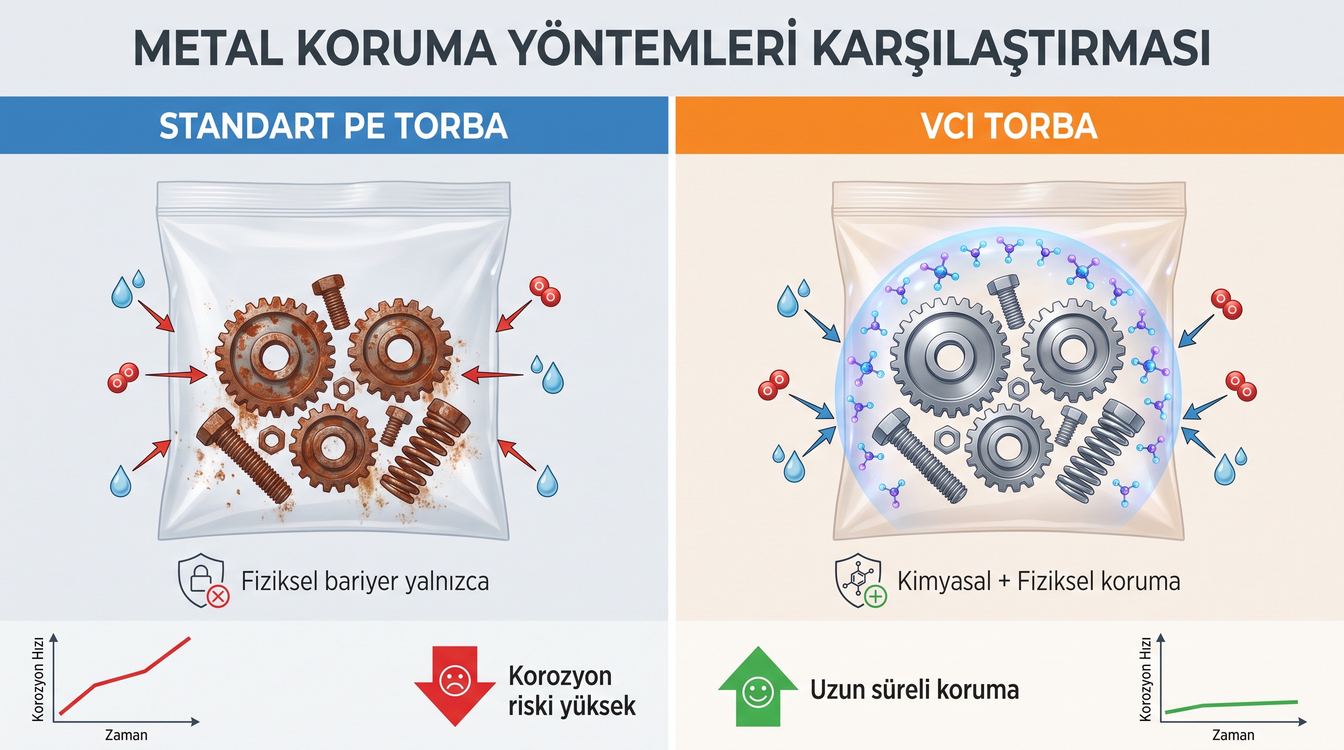 Standart PE ve VCI katkılı torbaların korozyon koruması karşılaştırması.