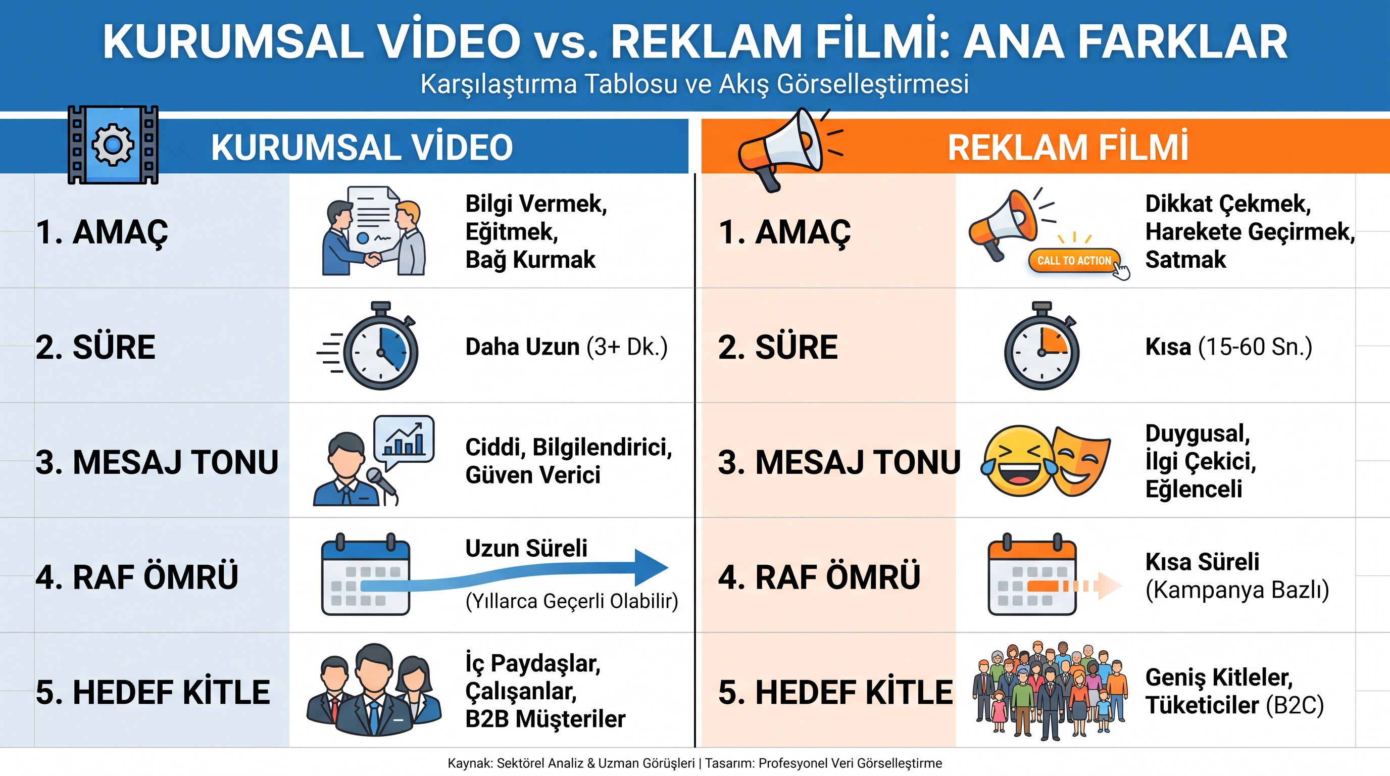 Kurumsal tanıtım filmi ile reklam filminin amaç, süre, ton ve hedef kitlesi açısından karşılaştırması.