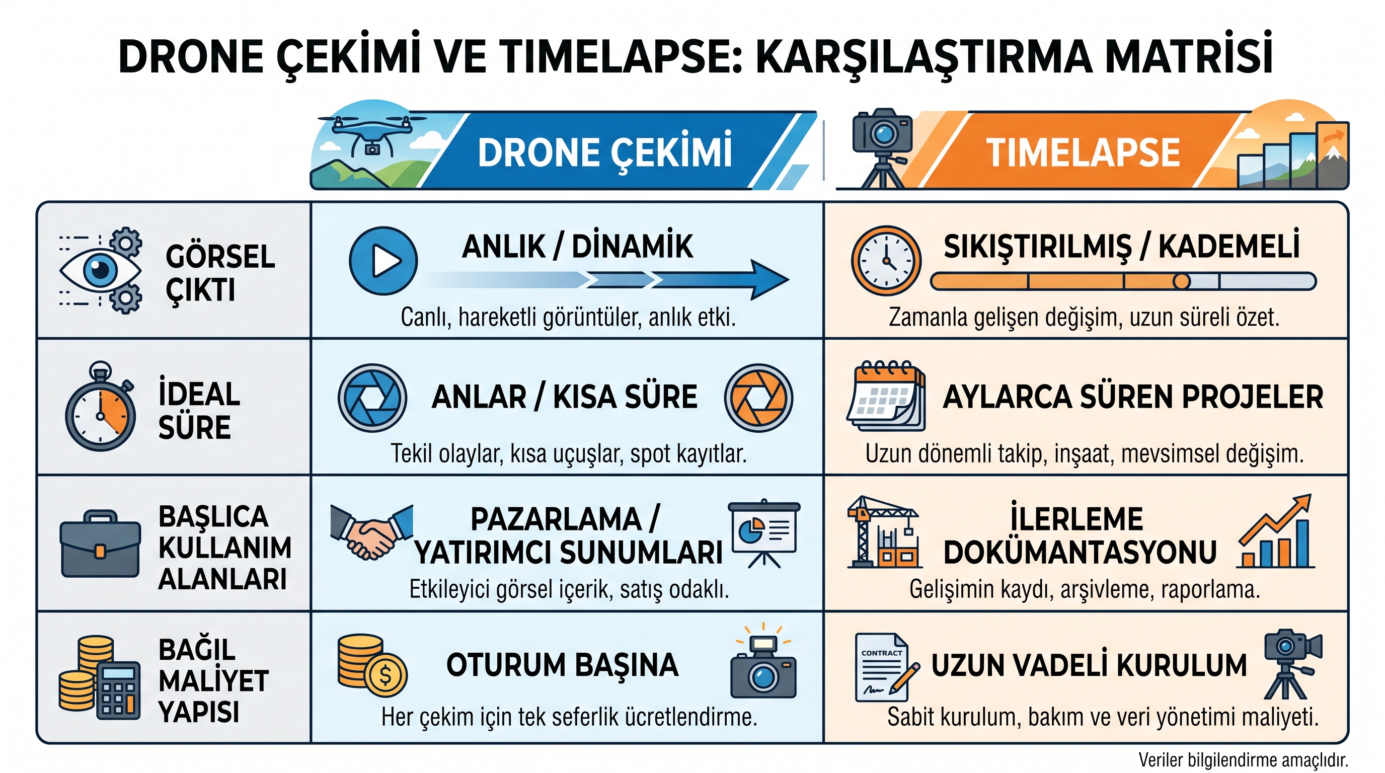 Drone çekimi ile timelapse yöntemlerinin amaç, süre ve maliyet açısından karşılaştırması.