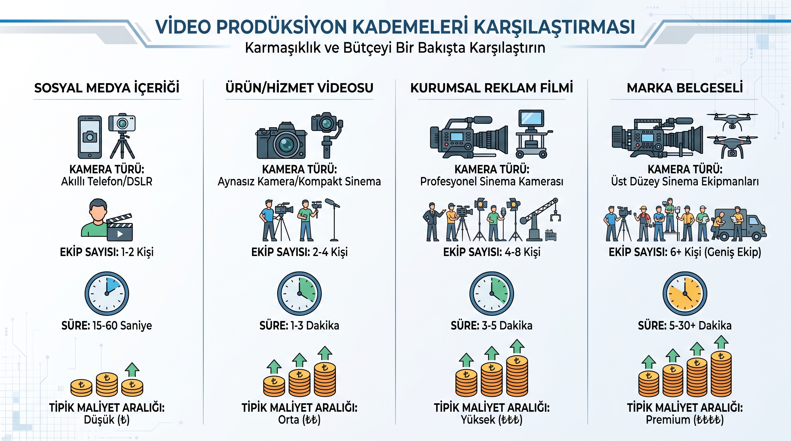 Sosyal medya içeriğinden kurumsal filme uzanan dört prodüksiyon seviyesinin ekip, ekipman ve bütçe farklarının…