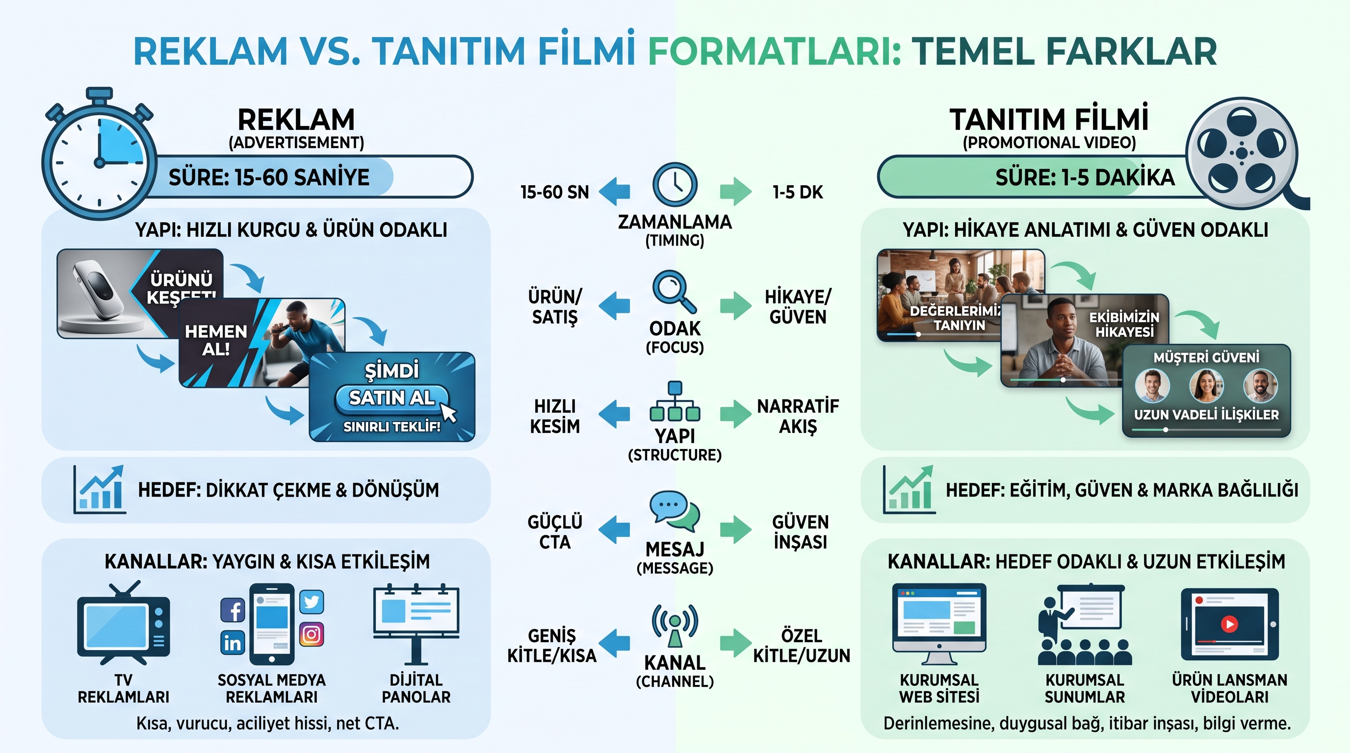 Reklam filmi ve tanıtım filmi arasındaki süre, amaç, kanal ve anlatı yapısı farklılıklarının karşılaştırması.