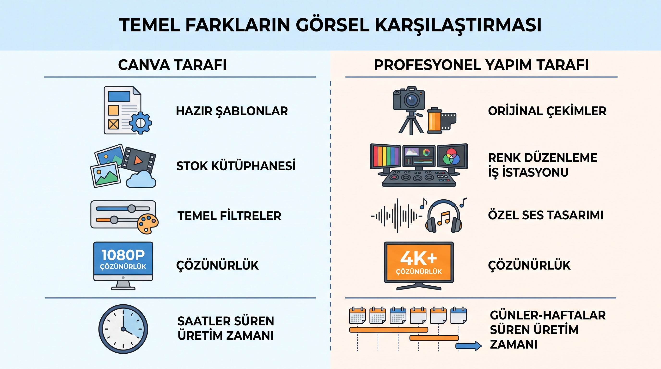 Canva ve profesyonel prodüksiyonun çekim, renk, ses, çözünürlük ve zaman bakımından temel farklarını gösteren…