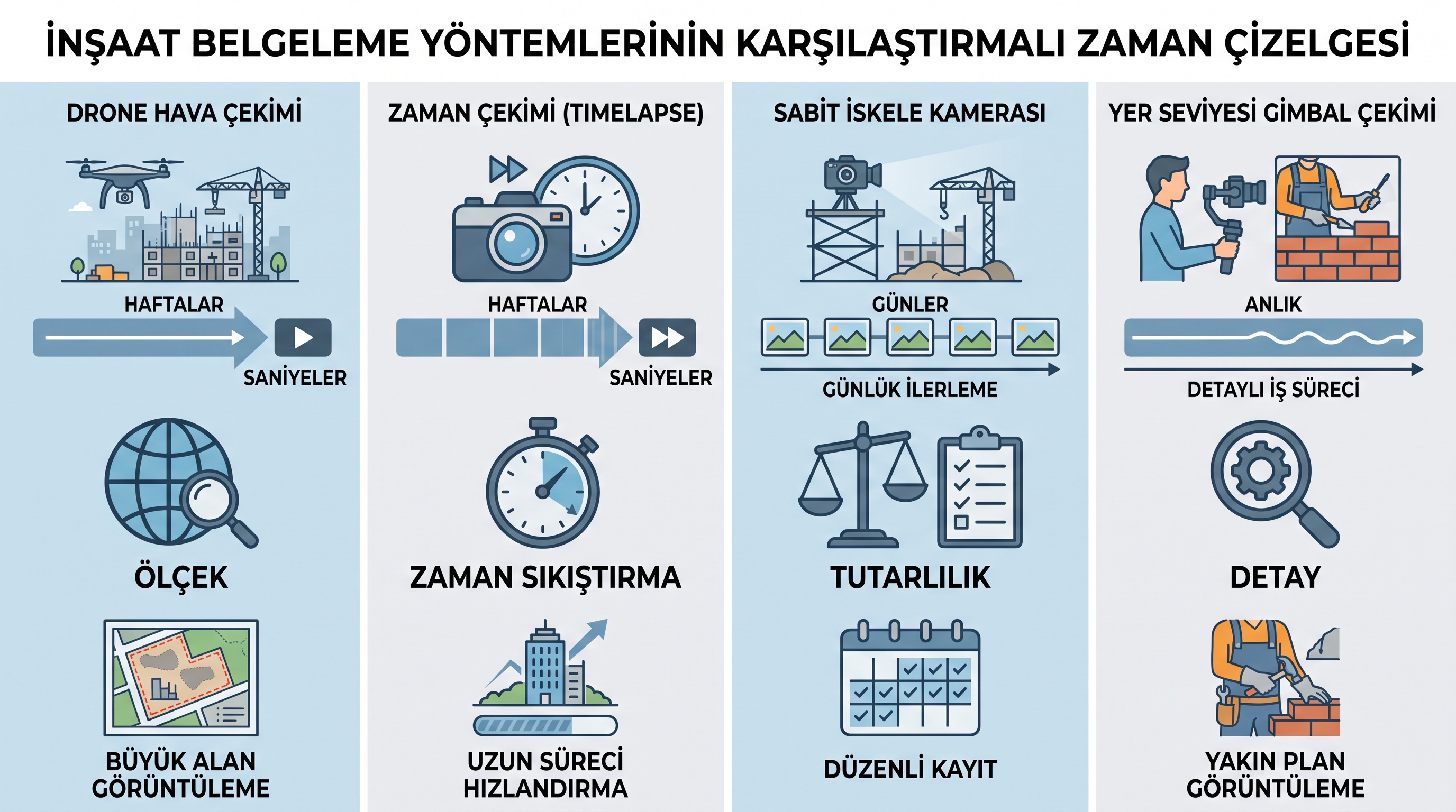İnşaat video çekiminde kullanılan dört ana yöntemin (drone, timelapse, sabit kamera, yer çekimi) karşılaştırmalı…