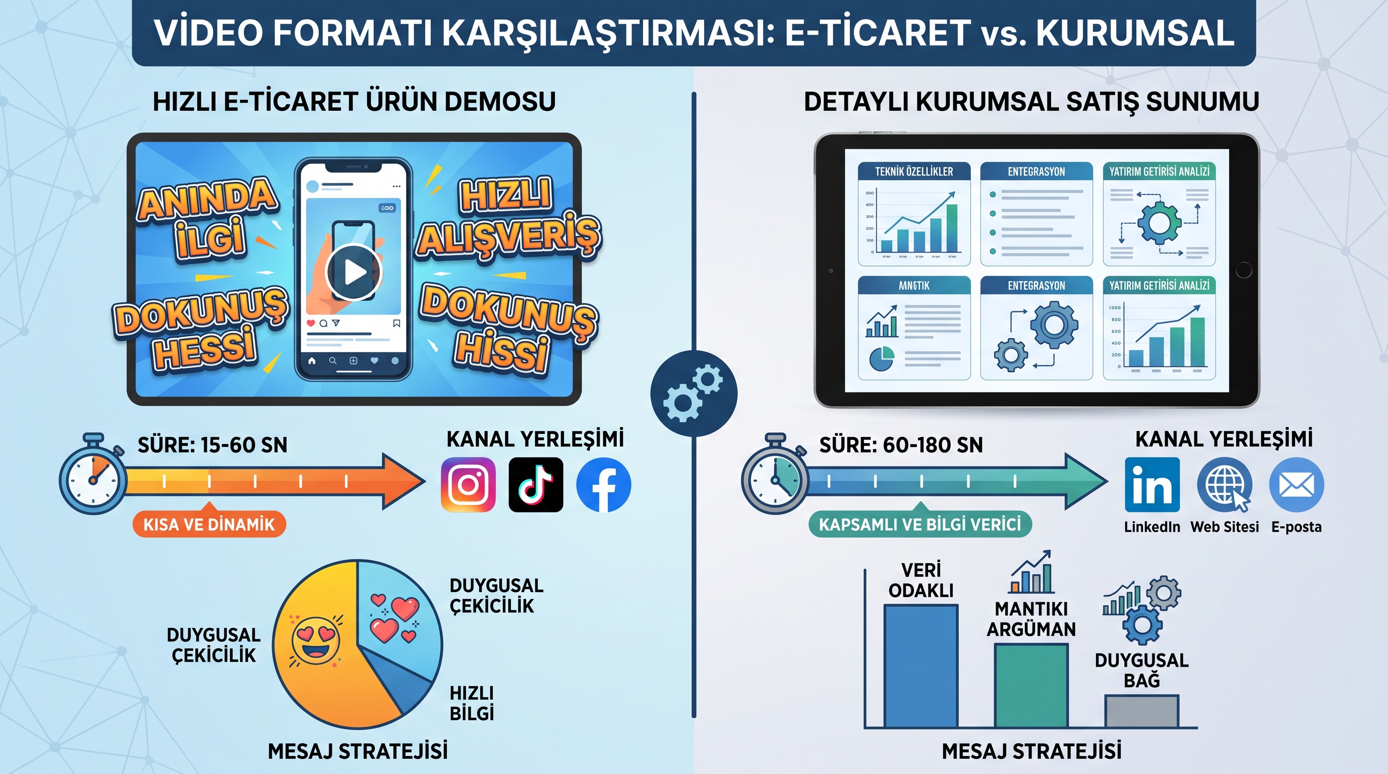 E-ticaret ve kurumsal satış video formatlarının süresi, hedef kitle ve mesaj odağı açısından karşılaştırması.