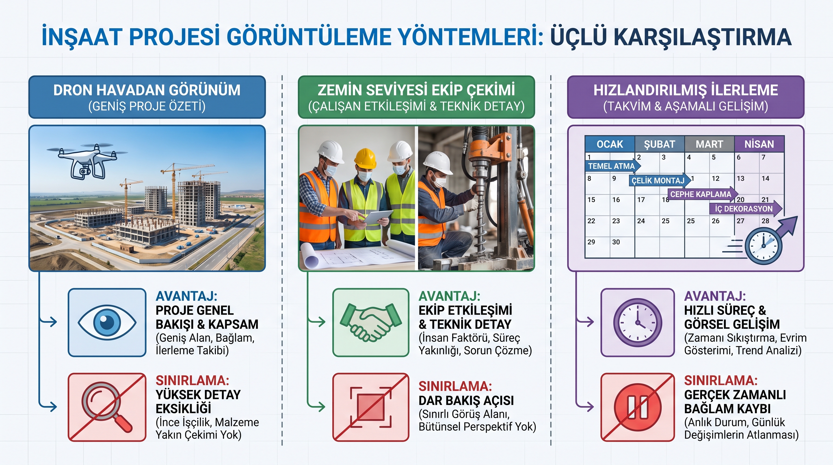 Drone, saha ekibi ve timelapse çekimi yöntemlerinin kullanım alanları, avantajları ve kısıtlamaları karşılaştırması.