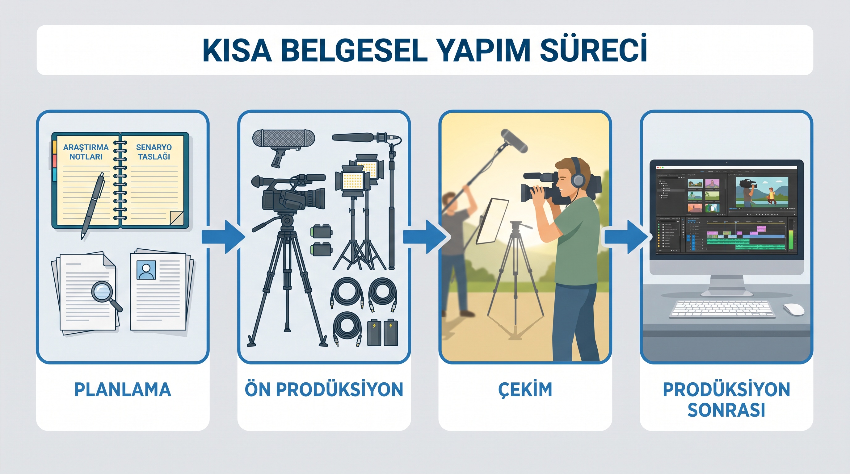Kısa belgeselin dört ana üretim aşamasını ve her aşamada kullanılan araçları gösteren infografik.