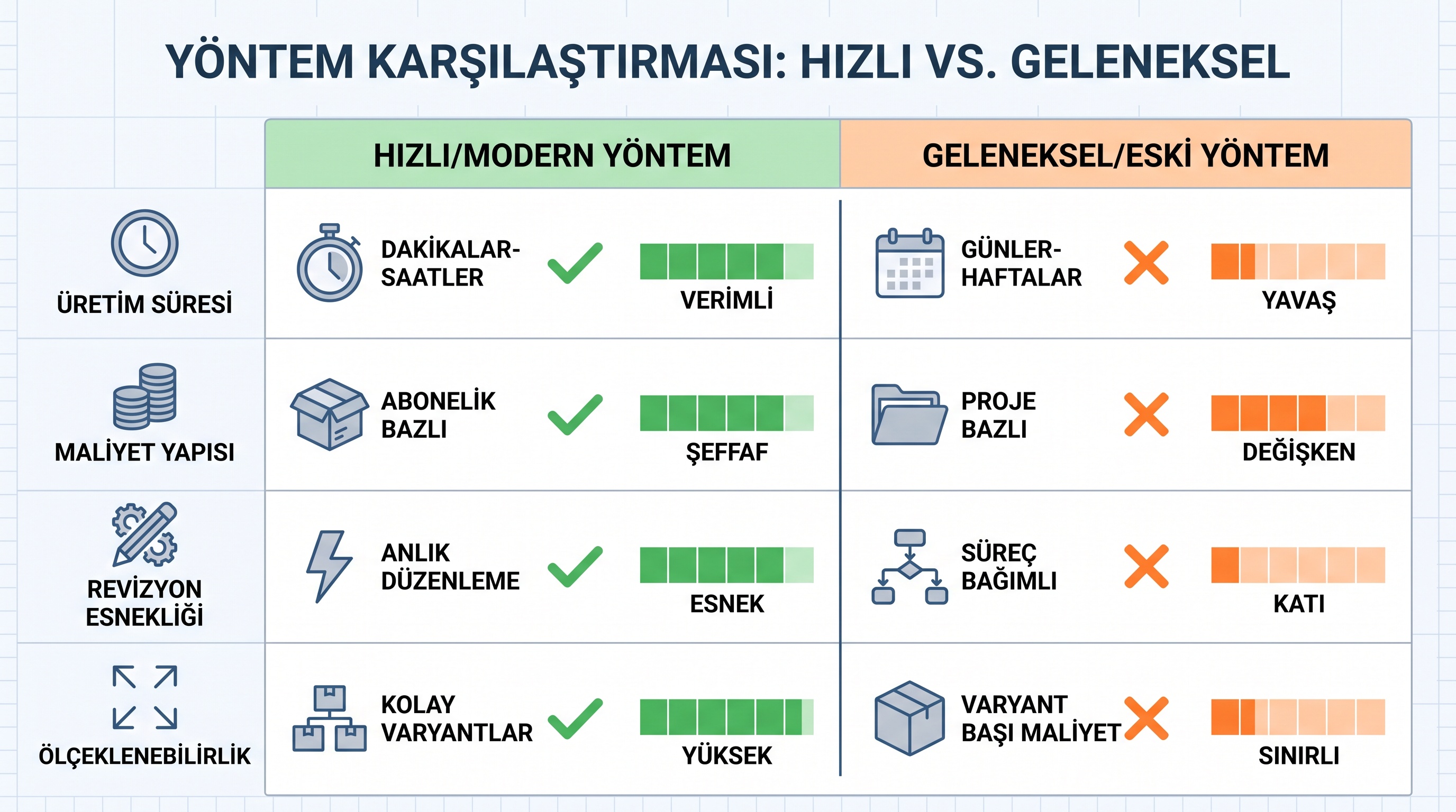 Yapay zeka ve profesyonel prodüksiyonun üretim süresi, maliyet, revizyon esnekliği ve ölçeklenebilirlik kriterlerine…