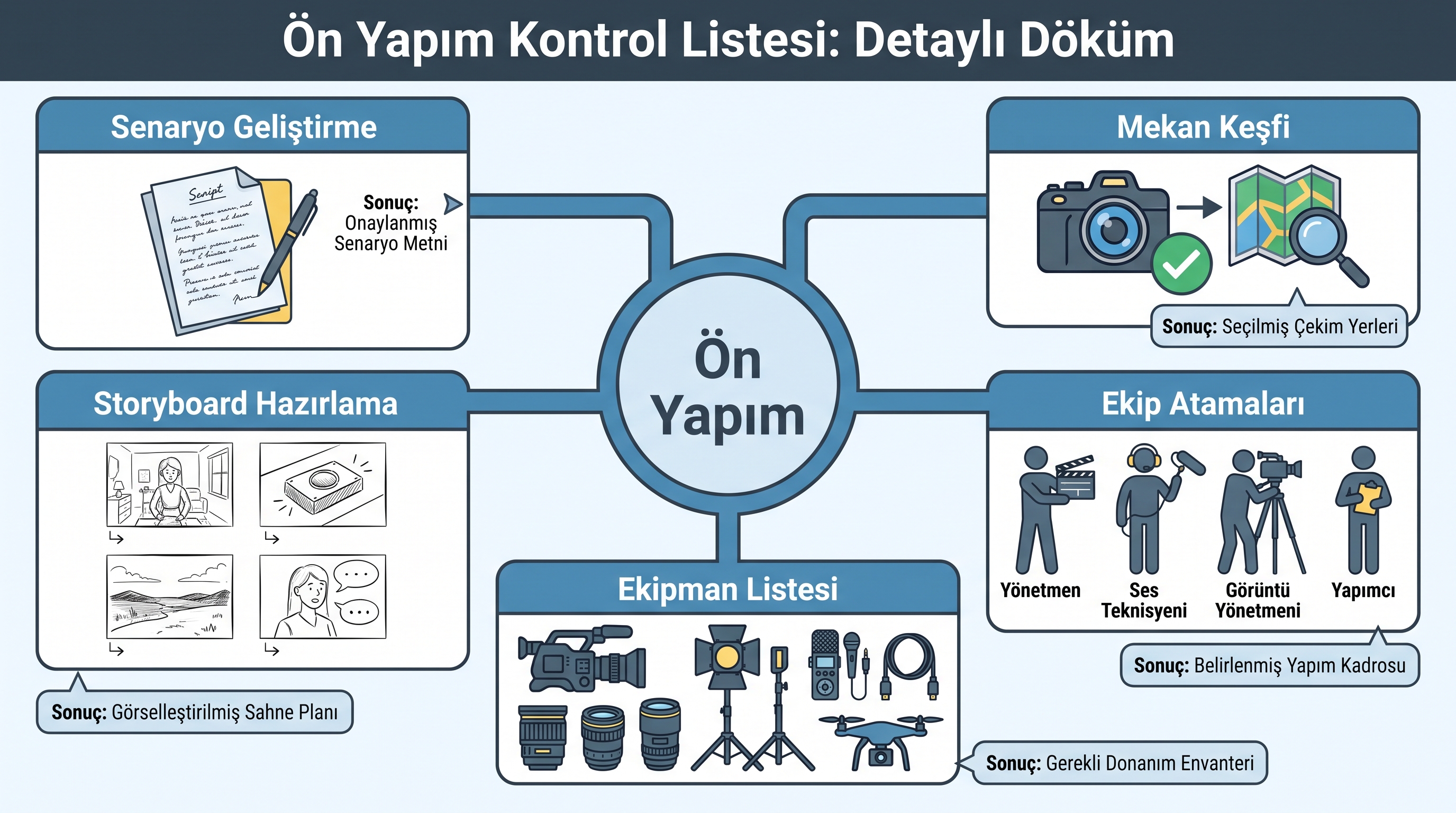 Ön prodüksiyon aşamasının beş temel bileşeni: senaryo, storyboard, lokasyon izni, ekip ve ekipman listesi.