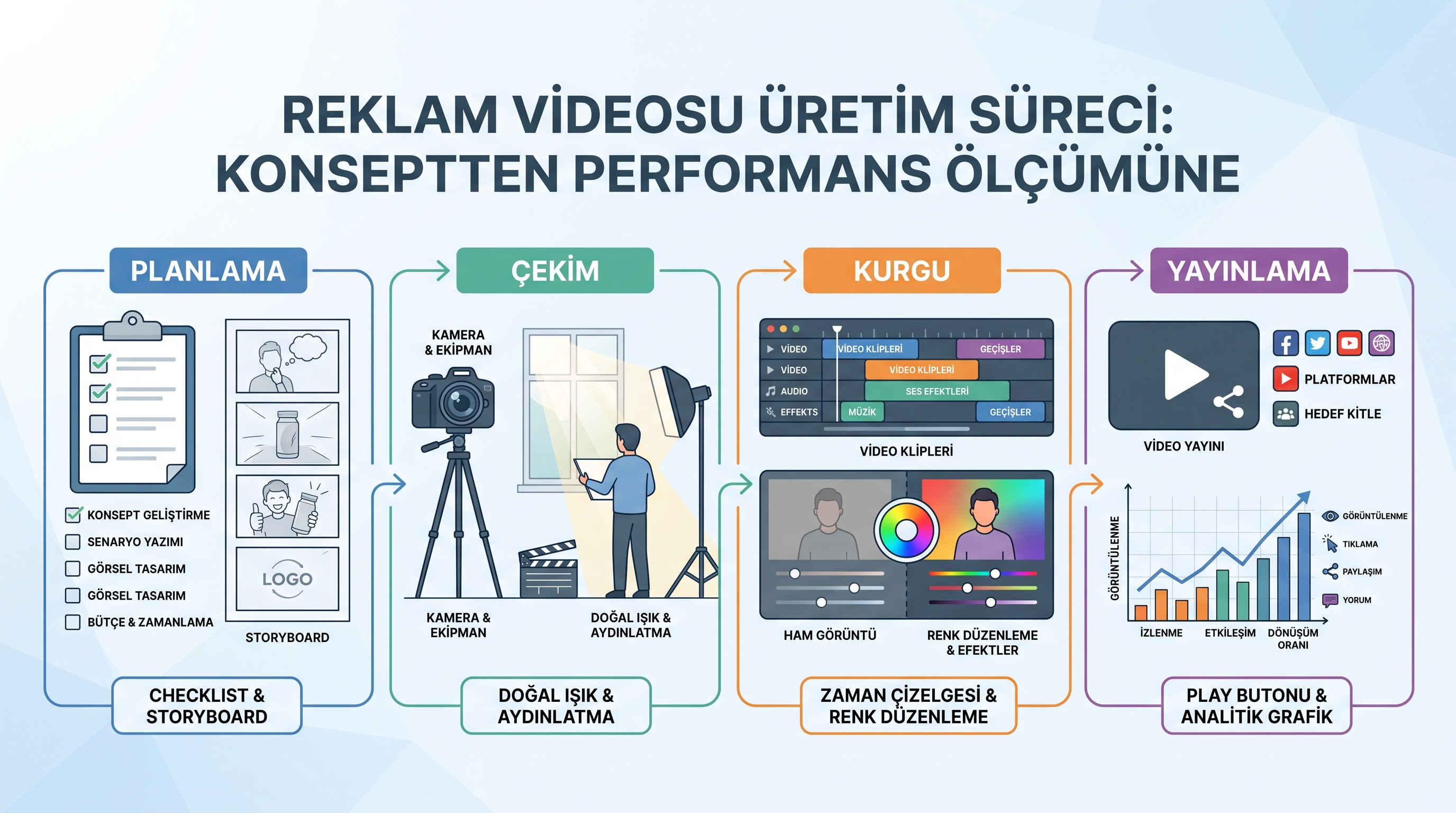 Reklam videosu üretiminin hazırlık, çekim, kurgu ve yayın aşamalarının görsel akış şeması.