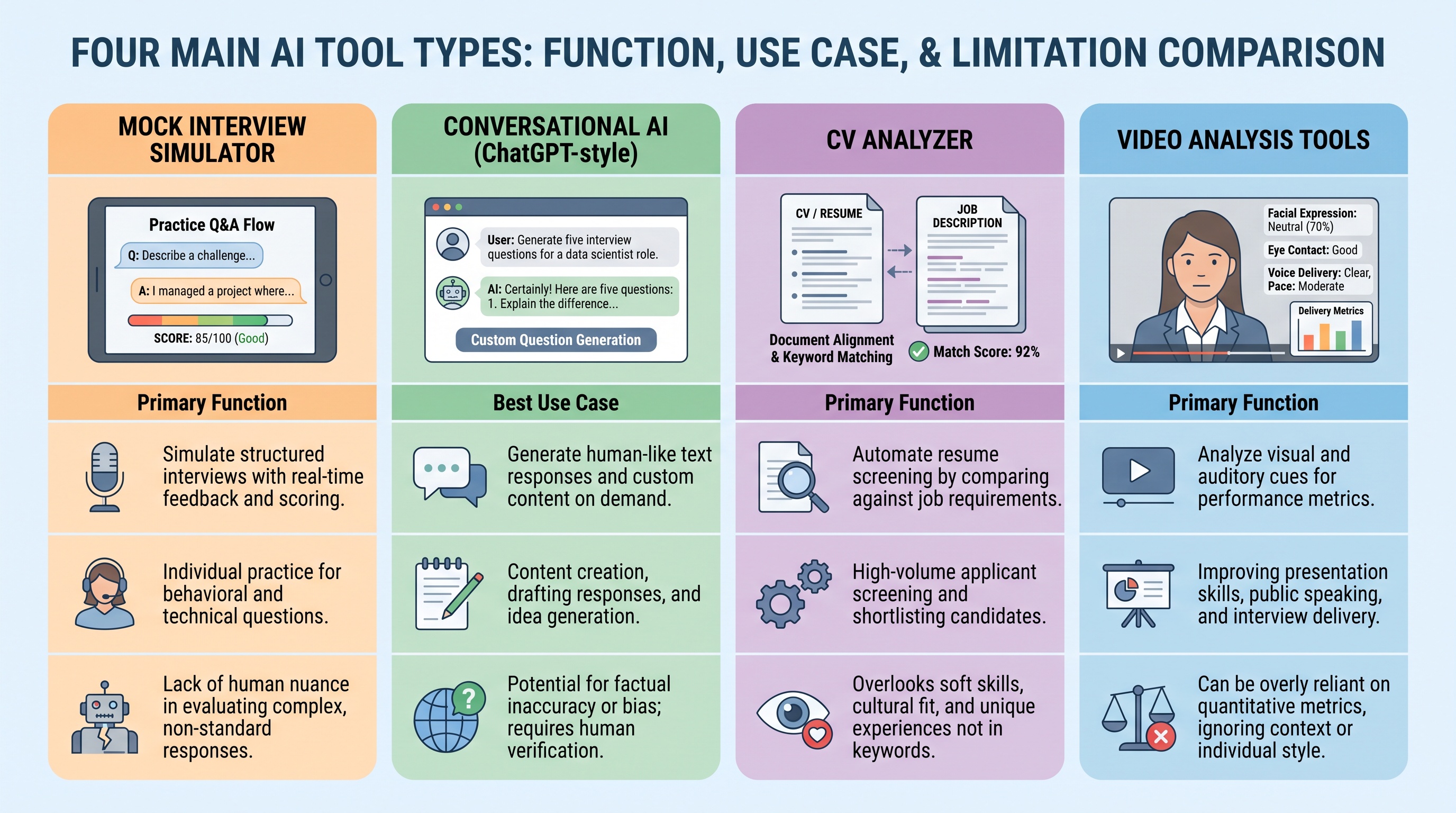 Comparison of four types of AI interview preparation tools and their functions