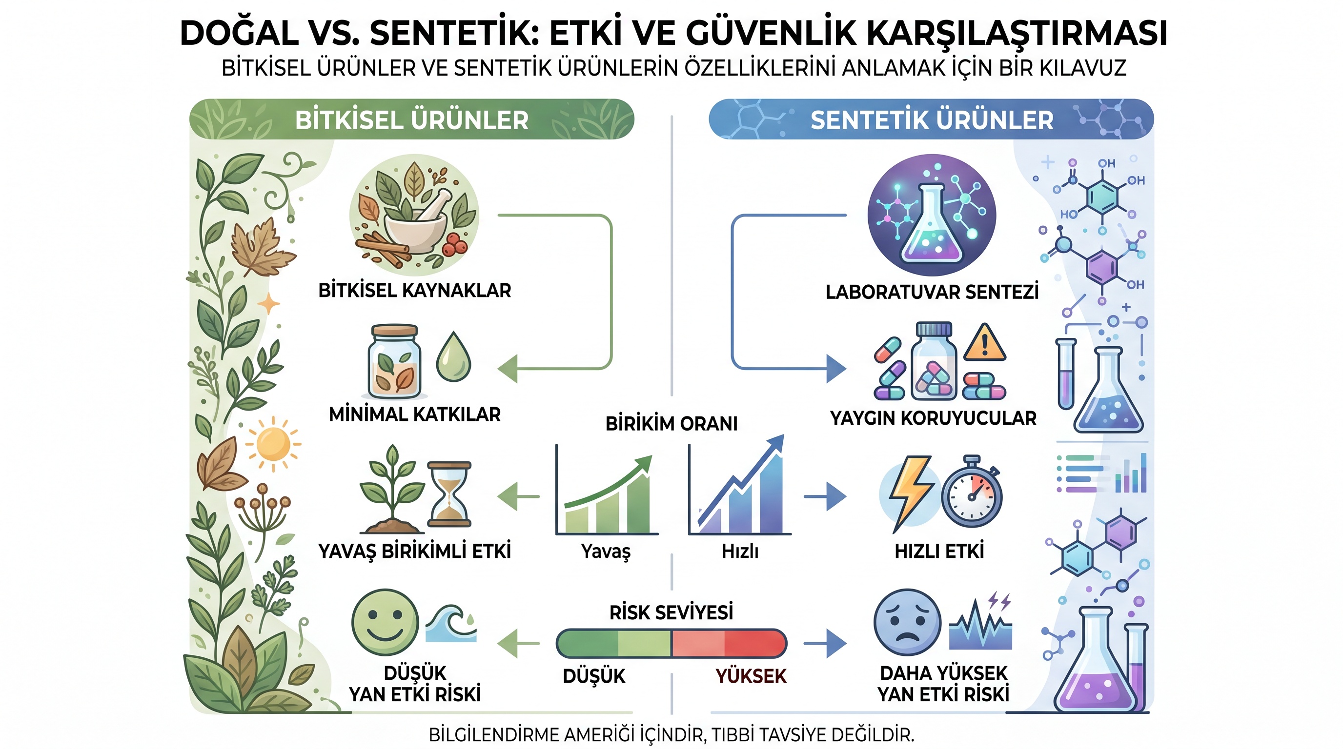 Bitkisel ürünlerin ve sentetik ürünlerin hammadde kaynağı, katkı maddesi, etki başlangıcı ve yan etki riskine göre…