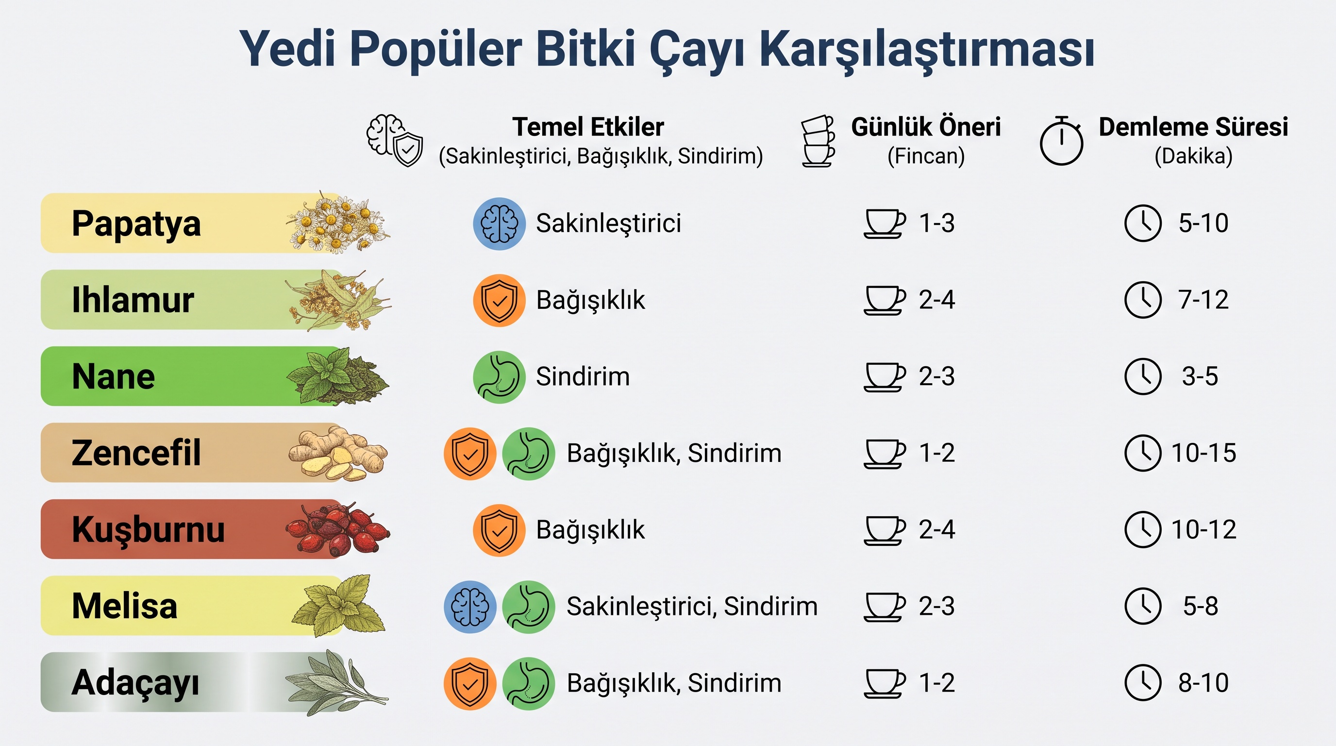 Yedi bitkisel çayın etki, günlük tüketim önerisi ve demleme süresini gösteren karşılaştırma tablosu.
