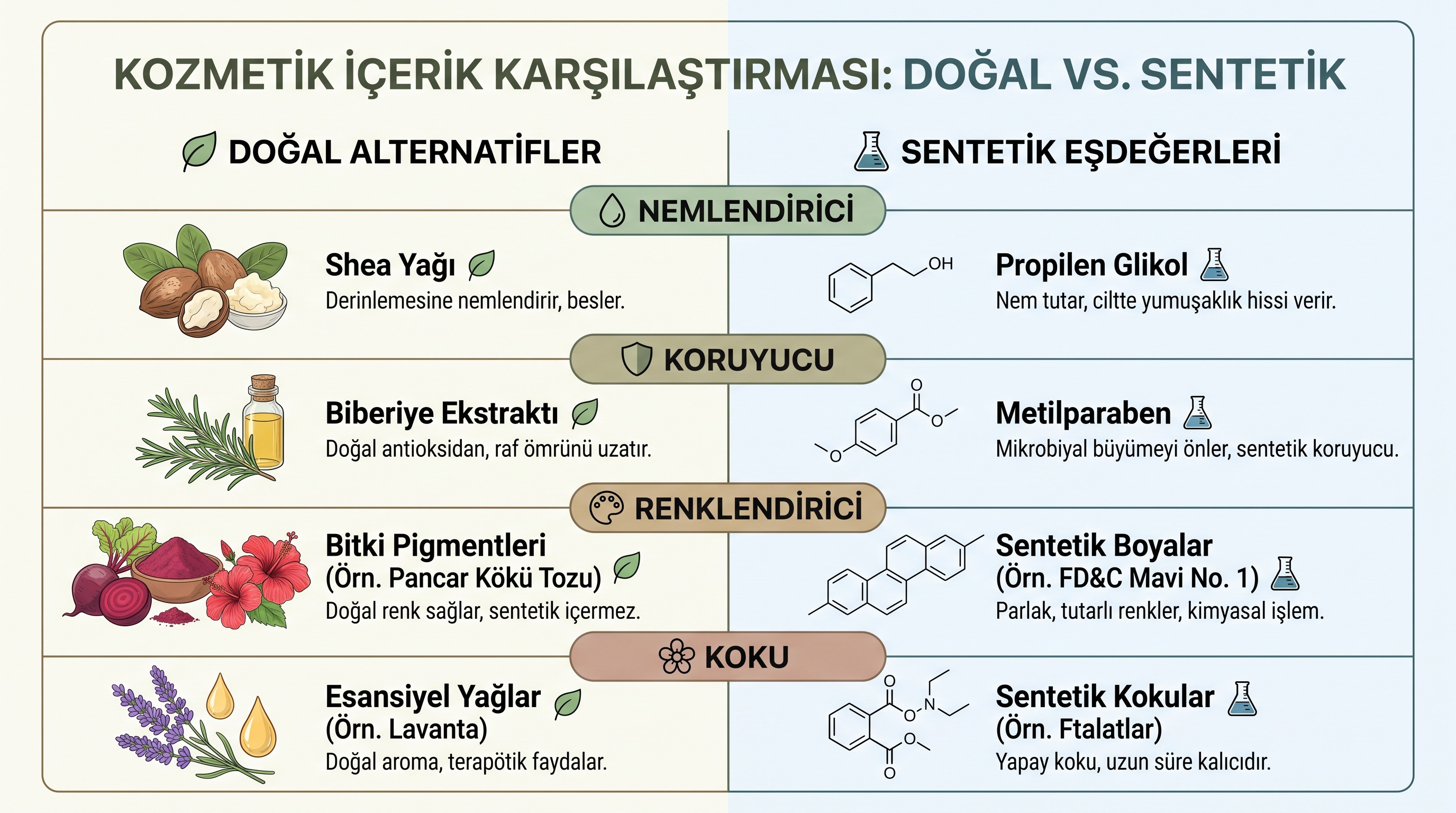Doğal ve kimyasal kozmetik ürünlerinin temel bileşenleri, nemlendirici, koruyucu, renklendirici ve koku…
