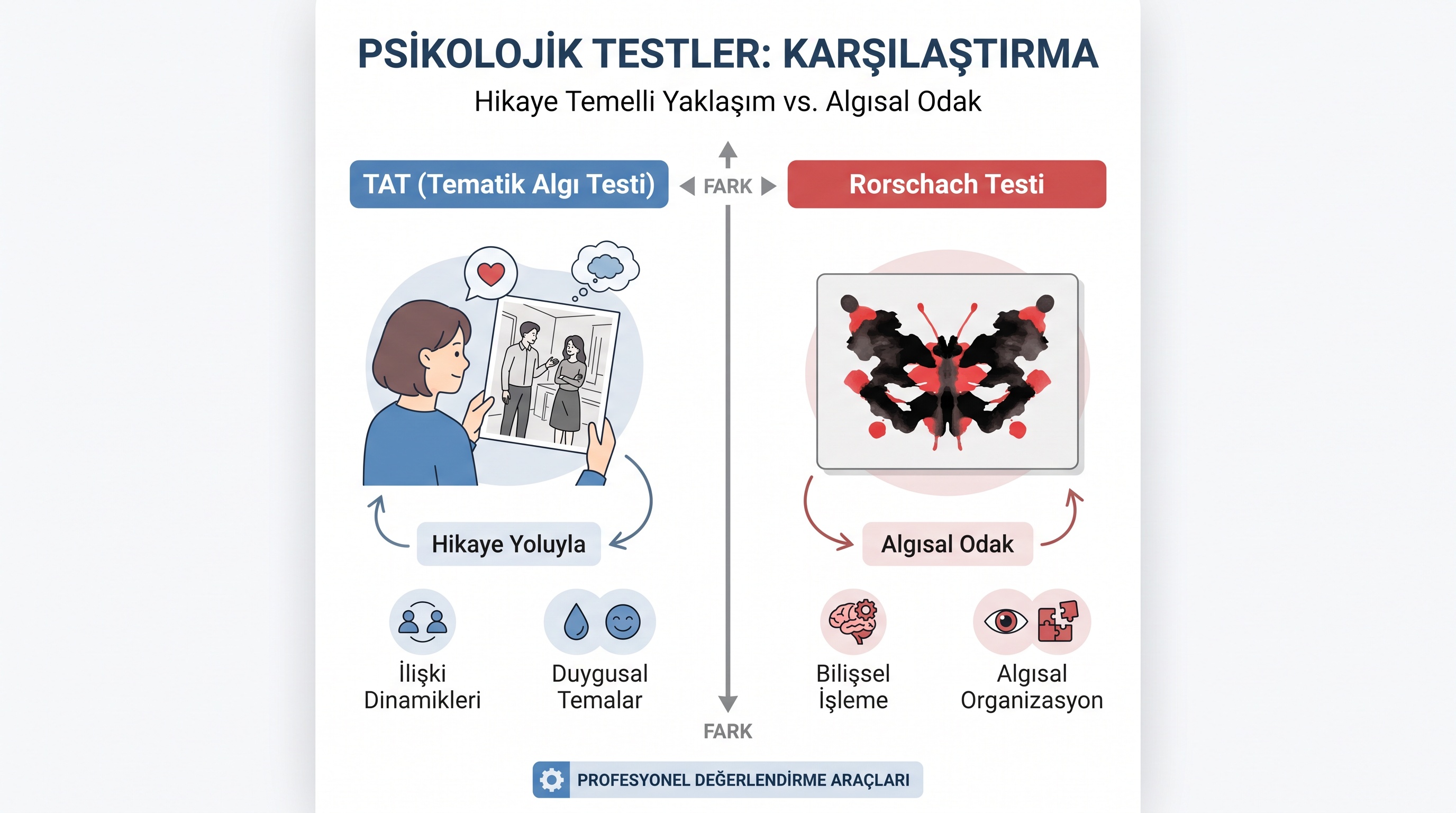 TAT testinin hikaye-odaklı yaklaşımı ile Rorschach testinin algı-temelli yönteminin temel farkları görsel olarak…