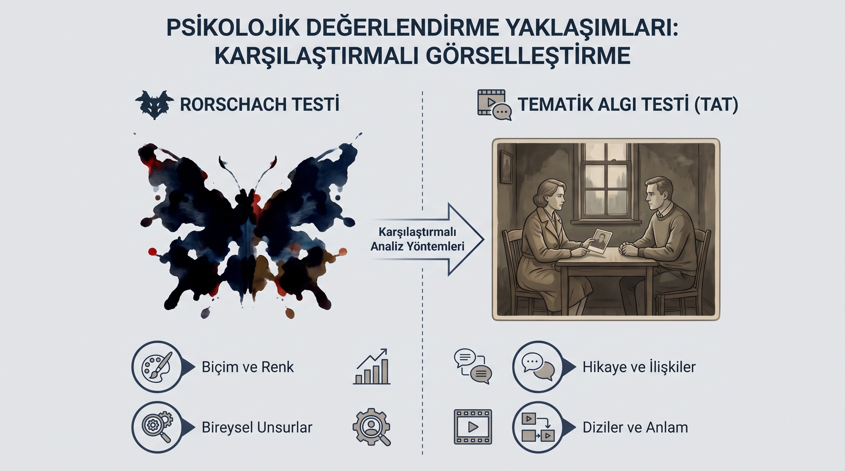 Rorschach ve TAT testlerinin yöntem farkını karşılaştıran grafik: soyut leke ile yaşam sahnesi.
