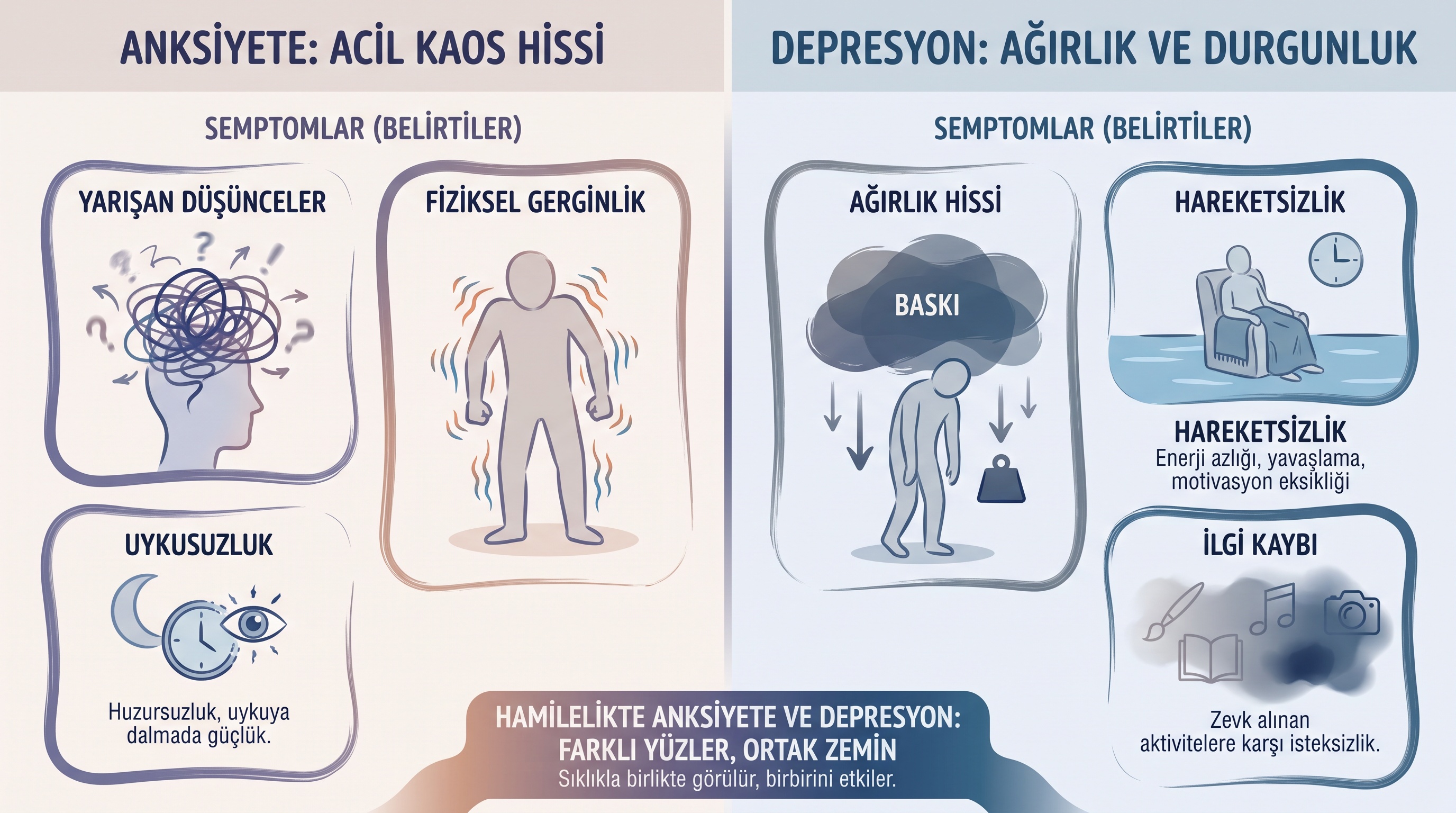 Hamilelikte anksiyete ve depresyon belirtilerinin yan yana karşılaştırması: endişe döngüsü ve çöküş hali arasındaki…