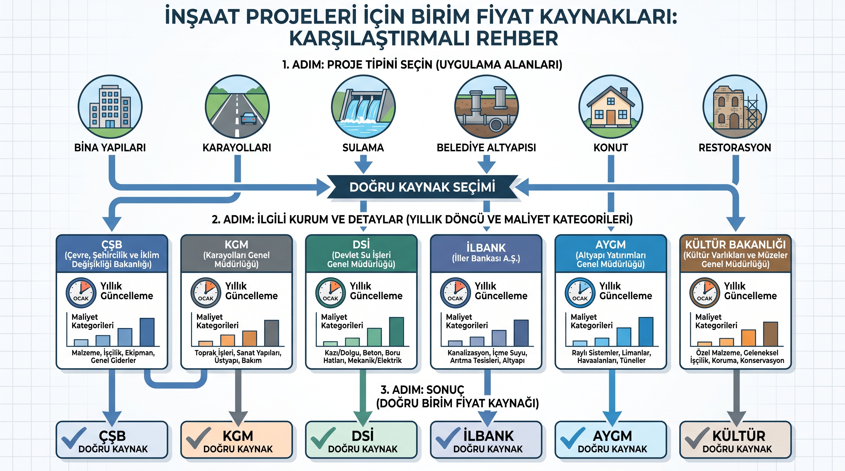 Kamu kurumlarının birim fiyat cetvelleri, uygulama alanları ve yıllık güncelleme takvimi karşılaştırması.