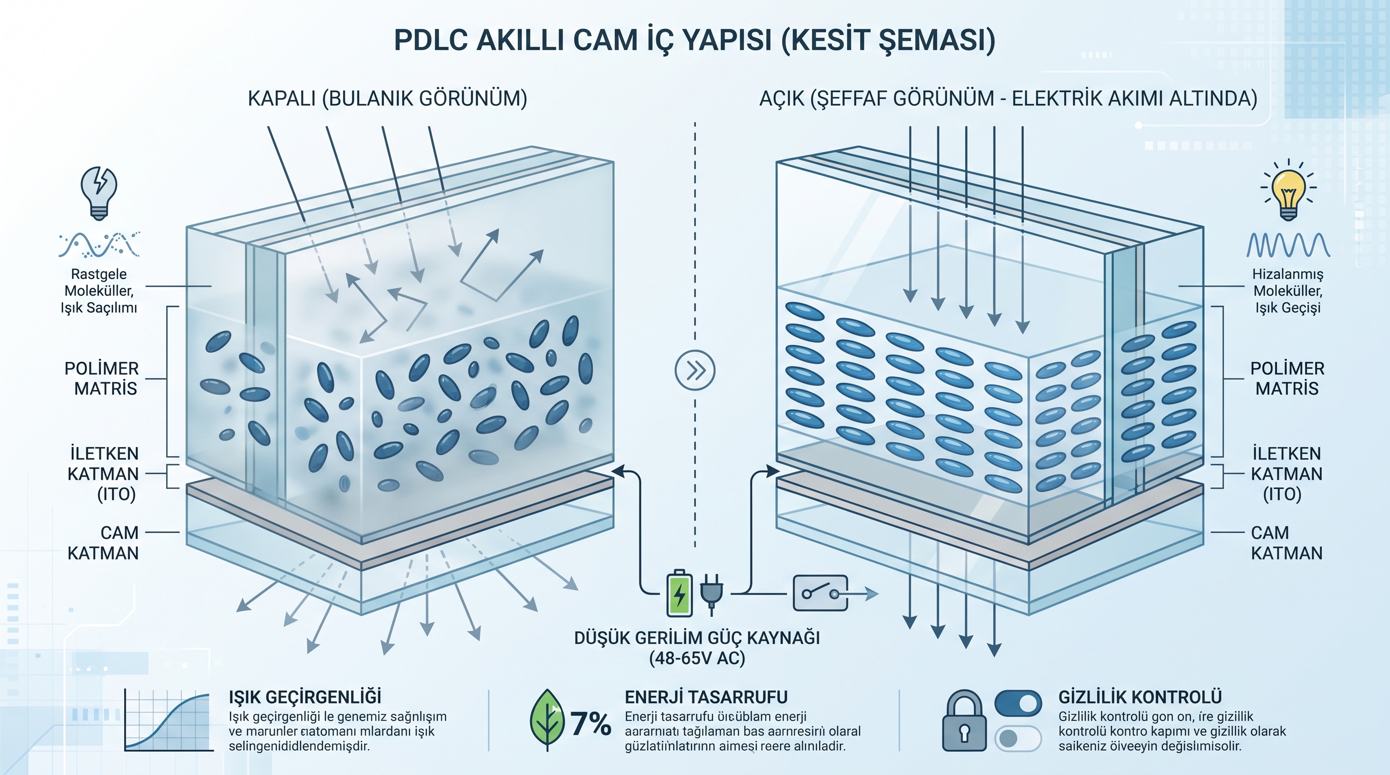 Akıllı Cam Nedir? PDLC Teknolojisi Nasıl Çalışır? PDLC camında elektrik uygulanmadan ve uygulandığında sıvı kristal moleküllerinin durumunu gösteren kesit diyagramı.