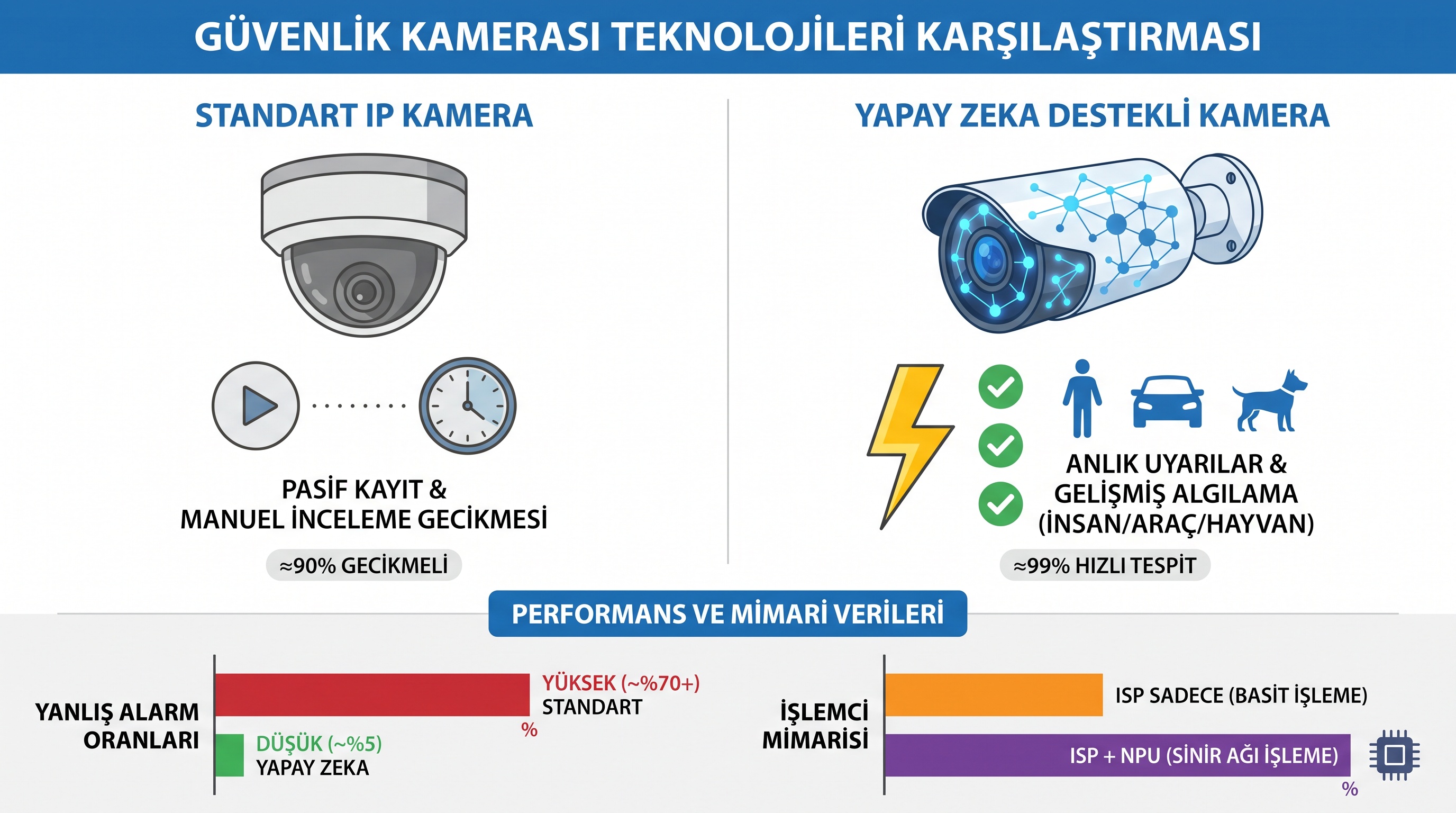 Standart kamera ile yapay zeka destekli kamera arasındaki teknik fark ve performans karşılaştırması.