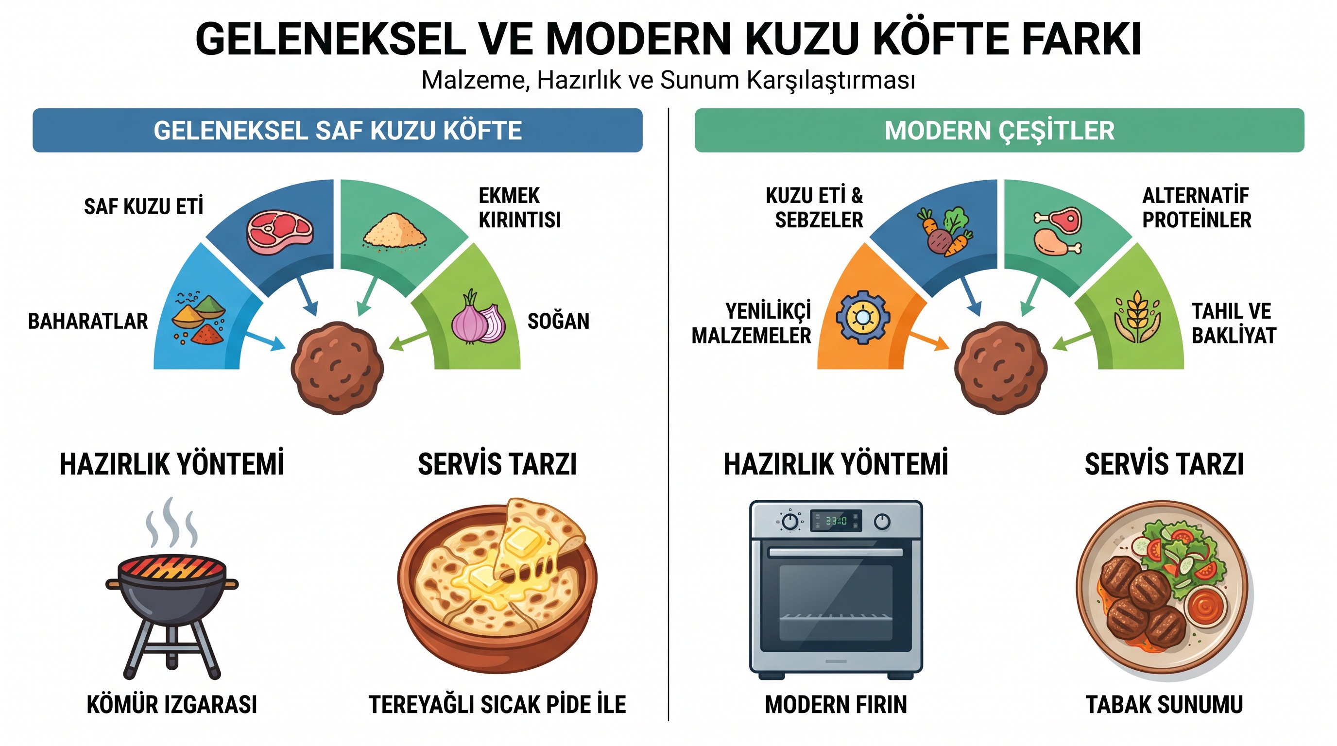 Bursa pideli köftesinin geleneksel ve modern versiyonlarının içerik ve hazırlama yöntemi farkları grafik gösterim.