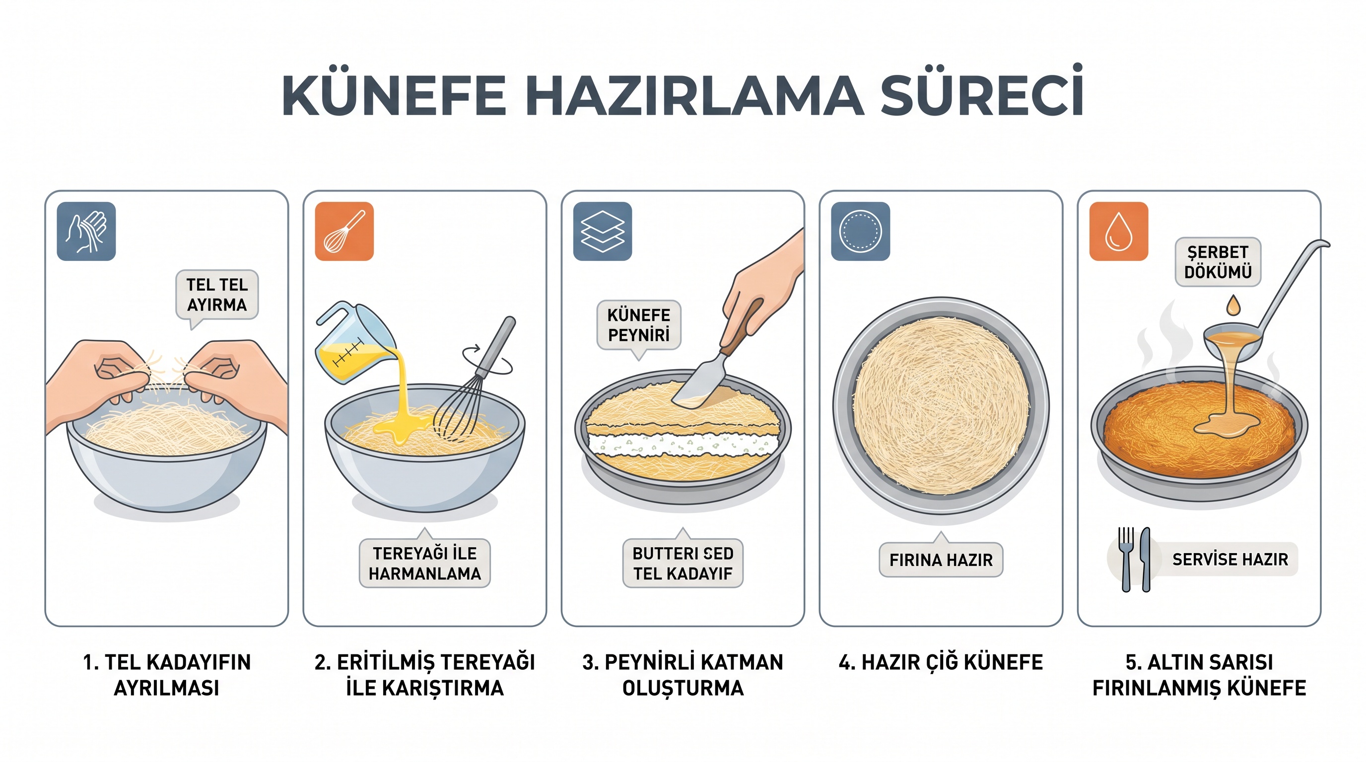Künefe hazırlanışının beş adımı: kadayıfı gevşetme, tereyağ işleme, katman oluşturma, pişme öncesi ve pişmiş hali.