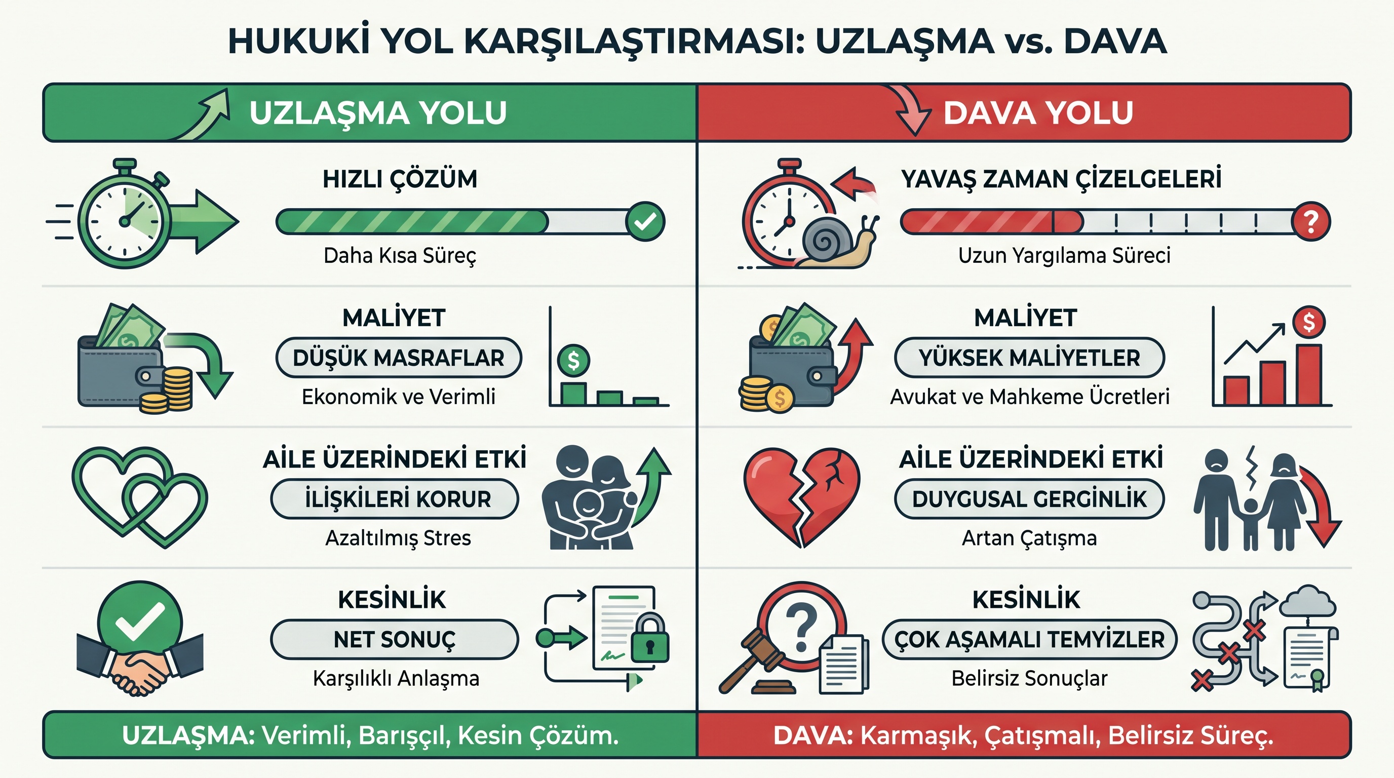Miras anlaşmazlığında sulh ve dava yollarının hız, maliyet, aile etkisi ve sonuç kesinliği açısından karşılaştırılması.