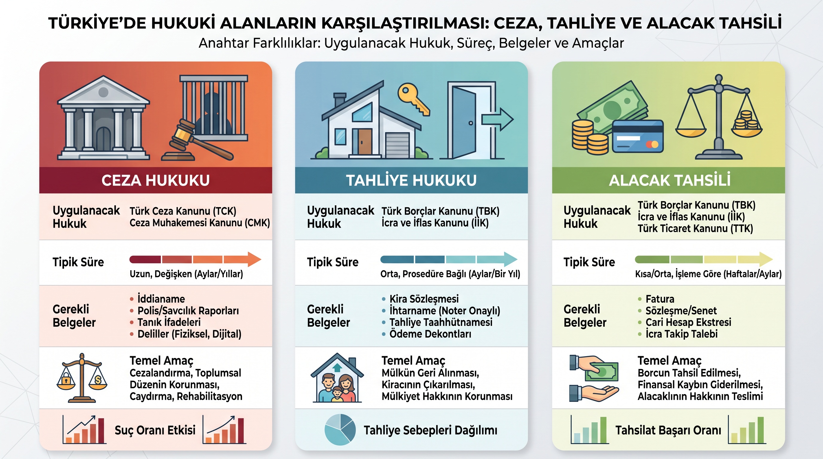 Ağır ceza, tahliye ve kira alacağı davalarının yasal dayanak, süre ve amaçlarına göre karşılaştırması.