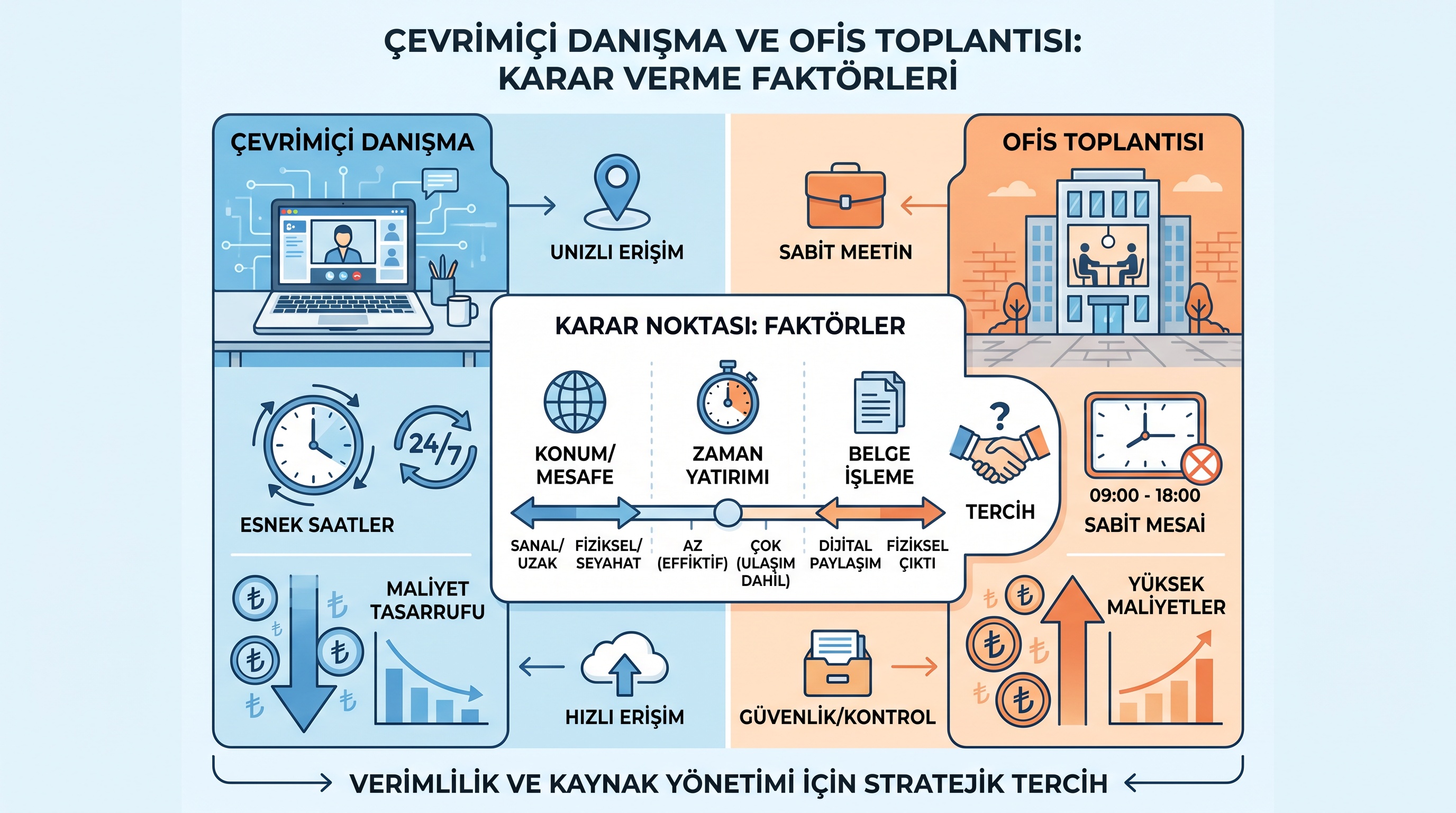 Online danışmanlık ile ofis görüşmesinin erişim, zaman, maliyet ve belge yönetimi bakımından karşılaştırılması.